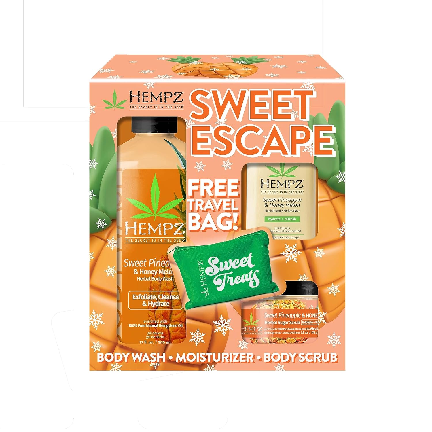 Hempz Sweet Escape Sweet Pineapple & Honey Melon Moisturizing Body Wash (17 Oz), Body Scrub (7.3 Oz), & Moisturizer (1.25 Oz) – Festive Holiday Gift Set with Travel Bag for Women or Men with Dry Skin