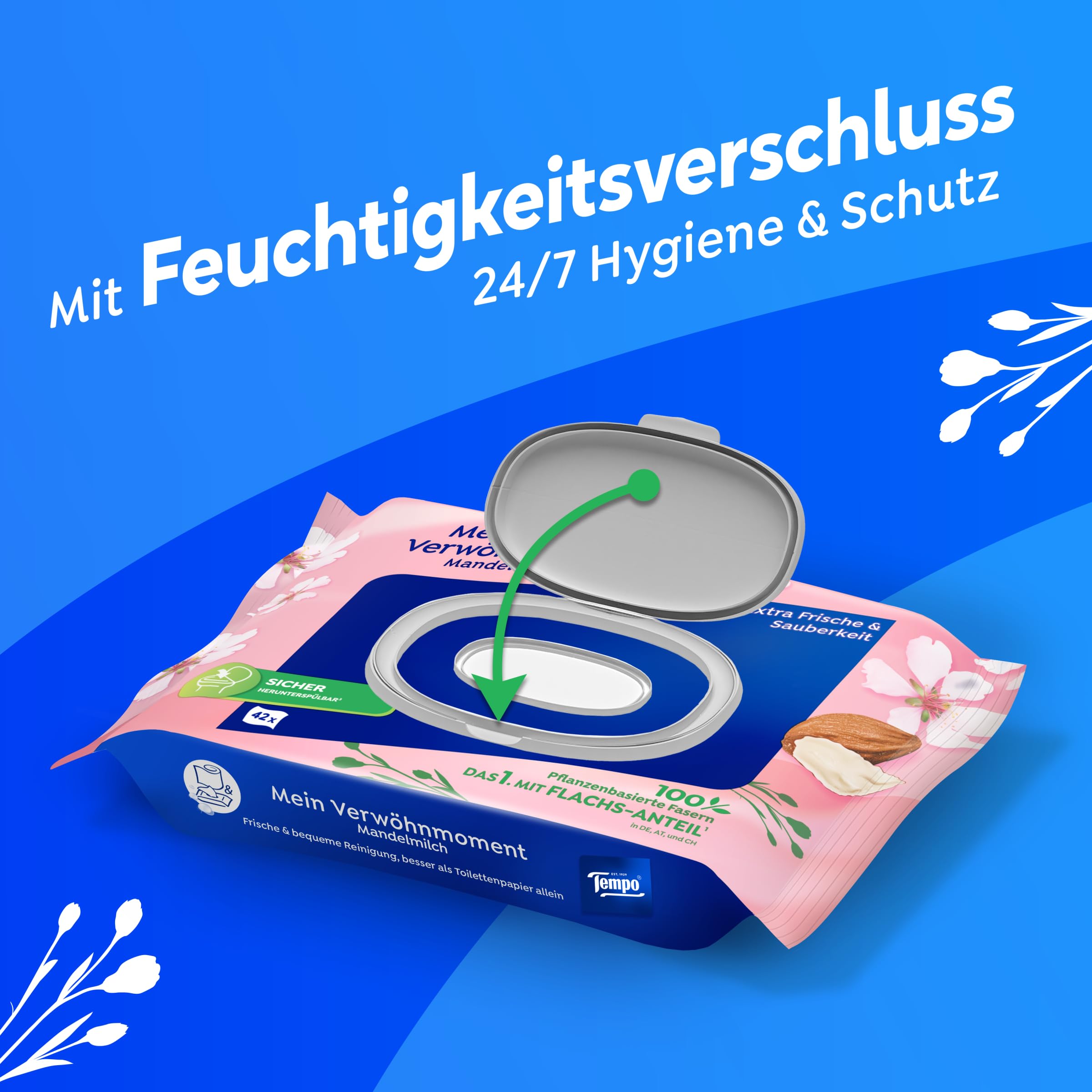 Tempo Toilettenpapier Feucht Mandelmilch & Panthenol, 16er Pack (8 x 2 x 42 Stück)