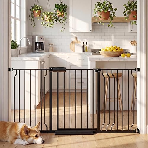 TSAYAWA Puerta para bebé extra ancha con puerta, 52.76 ~ 62.2 pulgadas de ancho, montada a presión, sin taladro, puerta de metal con cierre Negro