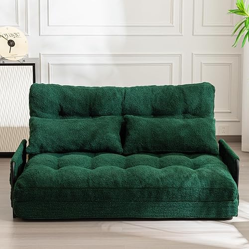 MAXYOYO Adjustable Floor Sofa Couch with 2 Pillows, 5-Position Boucle Bean Bag Bed, Convertible Lazy Sofa Sleeper Bed with Armrest, Versatile Floor Seating Sofa for Living Room, Green, Double