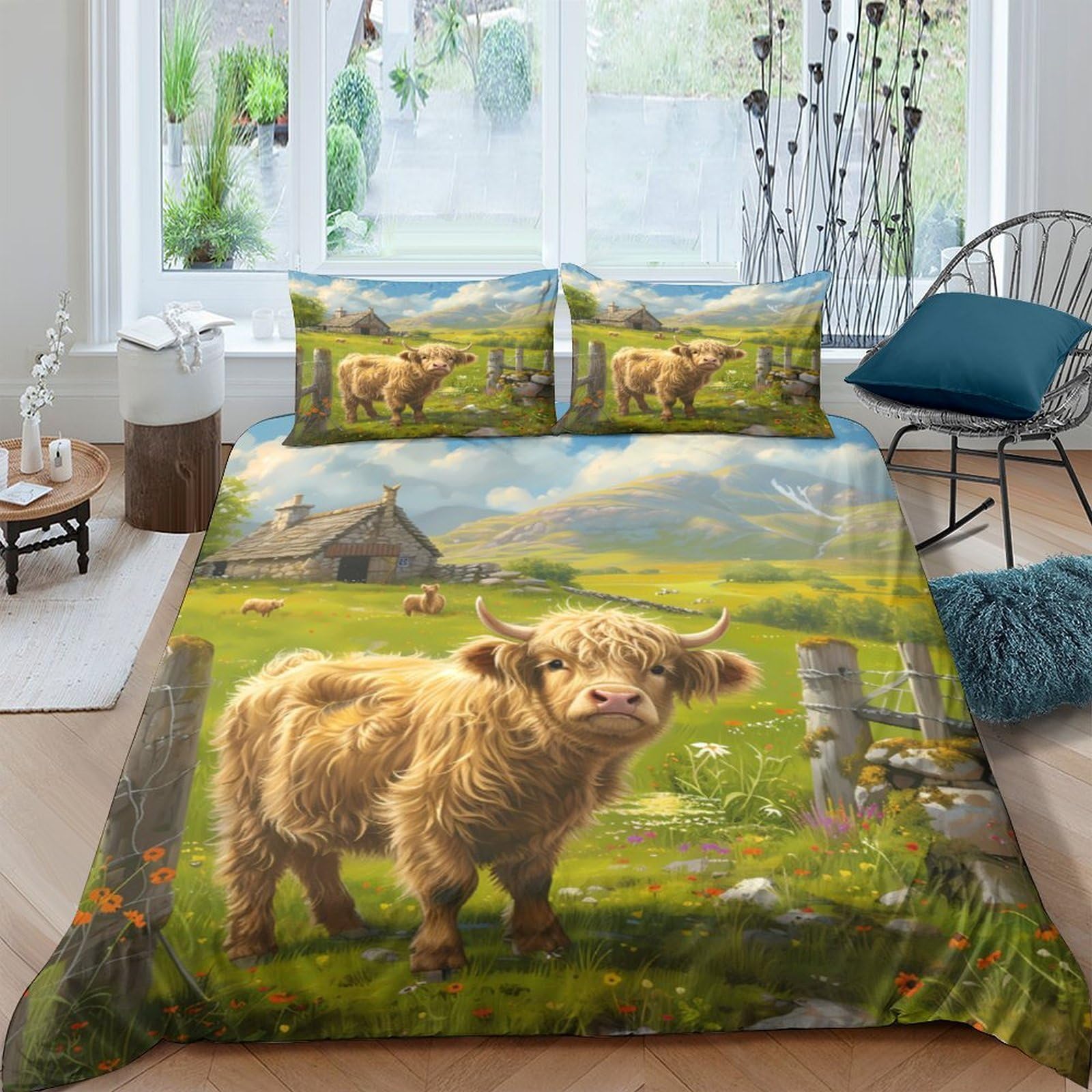 Ctjqhvkz Style-4 3D Printed Highland Cow Fitted Sheet Microfiber Soft Farm Pasture Bed Cover Anti-Slip Machine Washable Bedroom Decor Single（135X200cm）