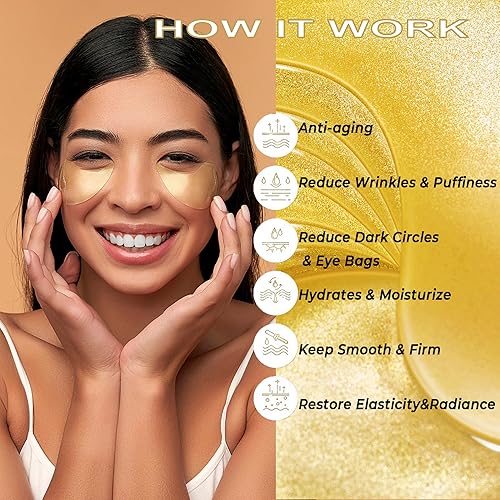 Miniatura 2 de Parches para debajo de los ojos de oro de 24 quilates para ojeras e hinchazón, máscara debajo de los ojos con colágeno para arrugas, máscaras