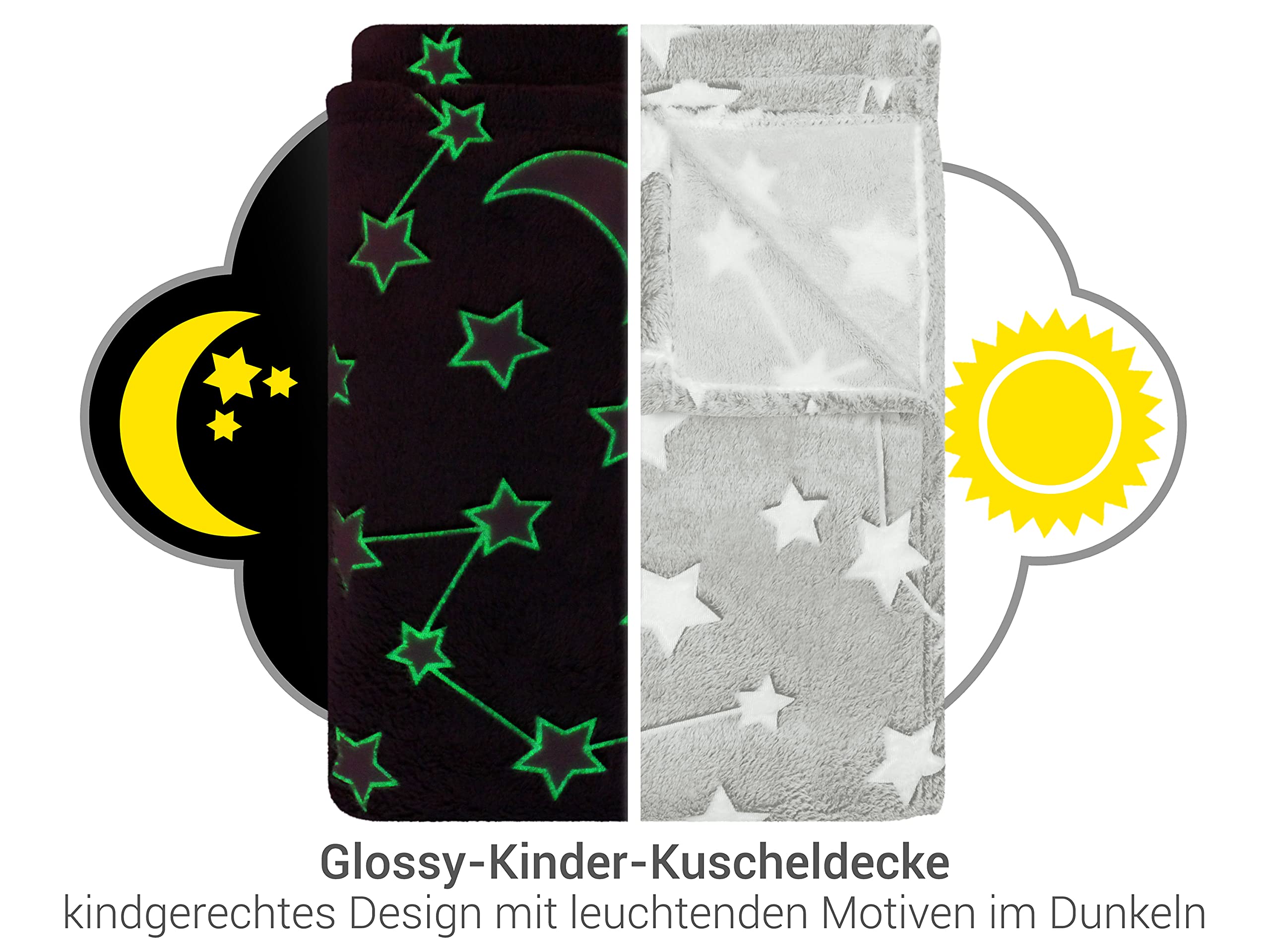 Kuscheldecke - leuchtet im Dunkeln - weich und flauschig 1261.1661, ca. 150 x 200 cm, Mond und Sterne grau