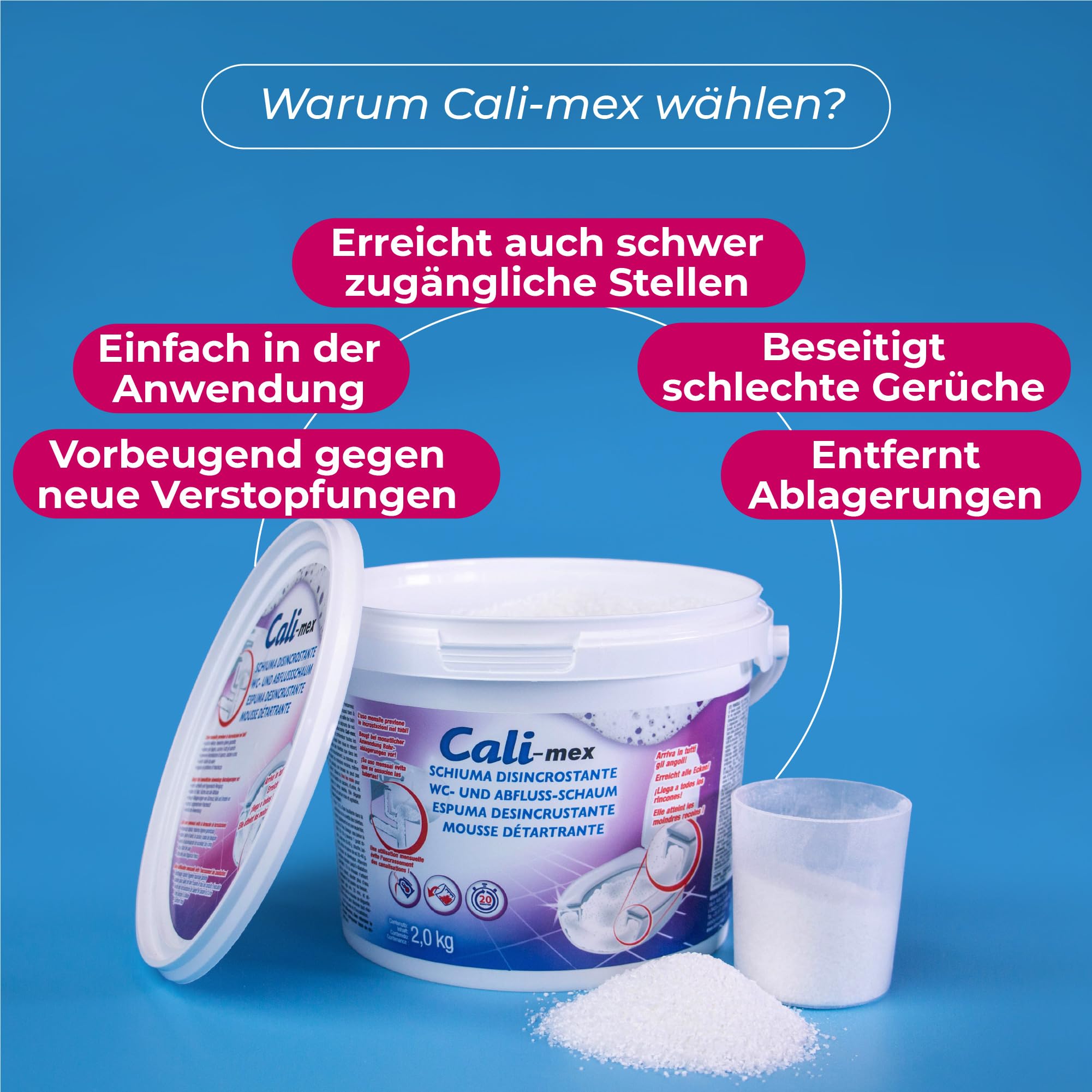 Cali-mex WC-Schaum und Abflussreiniger. Kalkentferner Urinsteinlöser - Reiniger f. Bidets, Urinale, Toiletten. 2kg