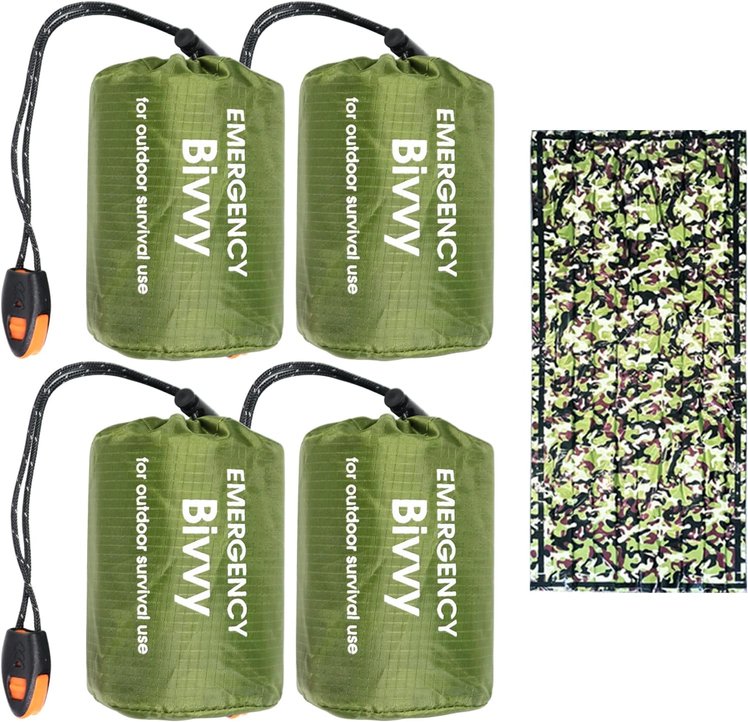 4 Pack Camo Emergency Sleeping Bags Survival Bivvy Sack with Whistles, Lightweight Portable Survival Gear for Outdoor Camping Hiking Keep Warm After Disasters (1PERSON) 4 Pack Camo Emergency Sleeping Bags Survival Bivvy Sack with Whistles, Lightweight Portable Survival Gear for Outdoor Camping Hiking Keep Warm After Disasters (1PERSON)