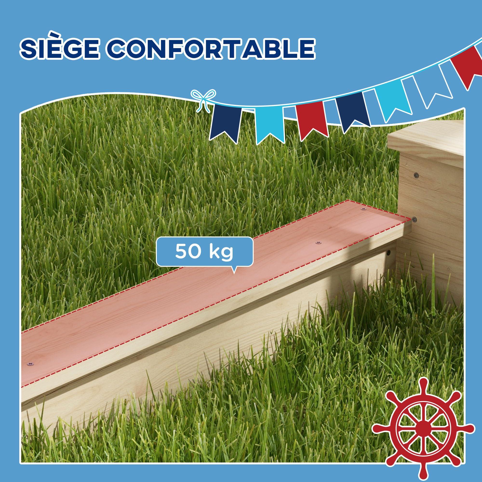 Outsunny Bac à Sable Bateau Pirate Voile d'ombrage 180 x 103 x 144,5 cm | jeu de cuisine, 6 accessoires, coffre rangement, gouvernail, drapeau, en bois, naturel