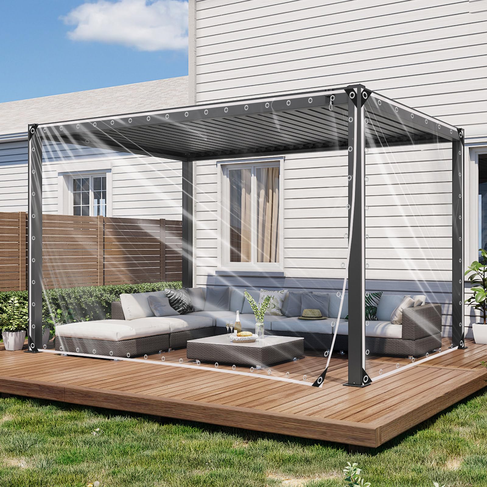 Plane Transparent mit Ösen, 3x3m 450g/m² PVC Transparent Abdeckplane | 20 Kabelbindern, 10m Befestigungsseil, Regenschutz Windschutz Wasserdicht Gewebeplane für Terrassen Außenbereich
