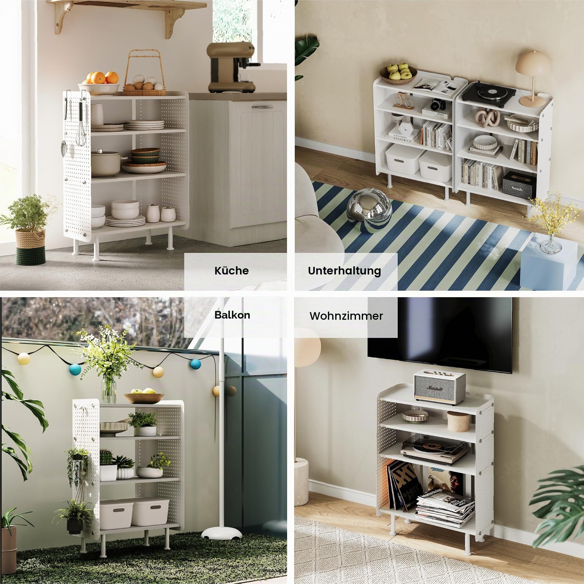 Fenge 4 Etagen Bücherregal Modern Lagerregal mit Pegboard Multifunktionales Lagerschränke mit Verstellbarem Regal für Wohnzimmer, Schlafzimmer, Heim, Büro (Weiß)