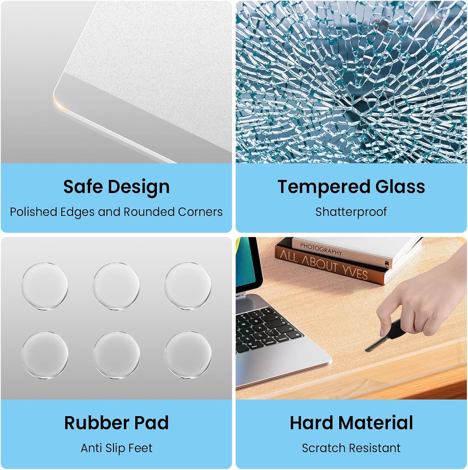 Tempered Glass Desk Pad with Beveled Edge, 32" x 20" Frosted Glass Office Desk Pad for Keyboard and Computer Monitor, Desk Mat for Desktop Dry Erase