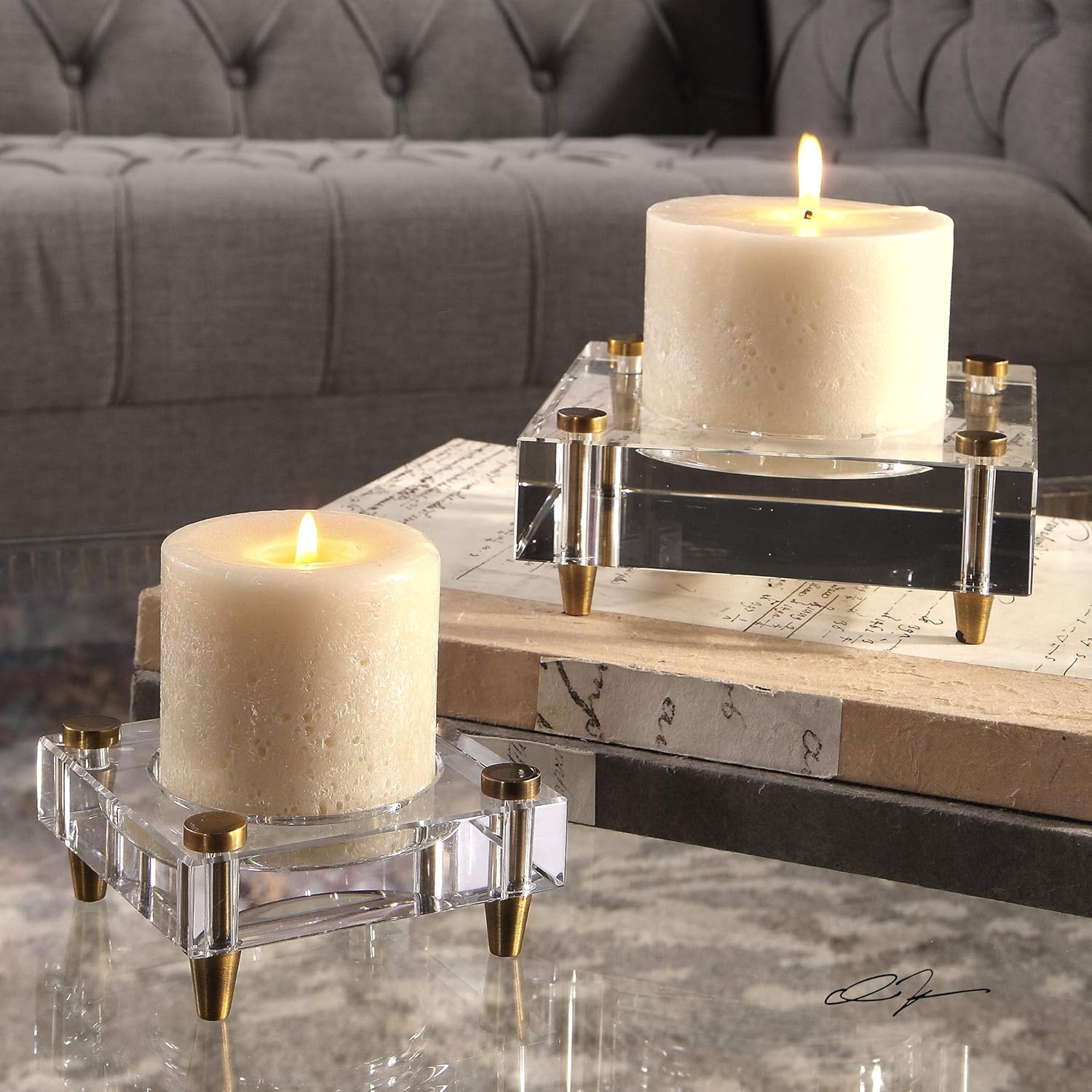 Luxe Minimalist Crystal Block Candle Holder Set 2 | Simple Square Gold Pillar
