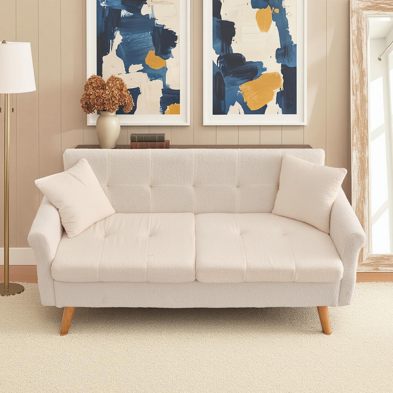 Kingfun Loveseat Sofa, White Love Seat Couches with Throw Pillow, Boucle Small Sofa for Living Room, Bedroom, Office, Button Tufted Upholstered Furniture, Easy to Install