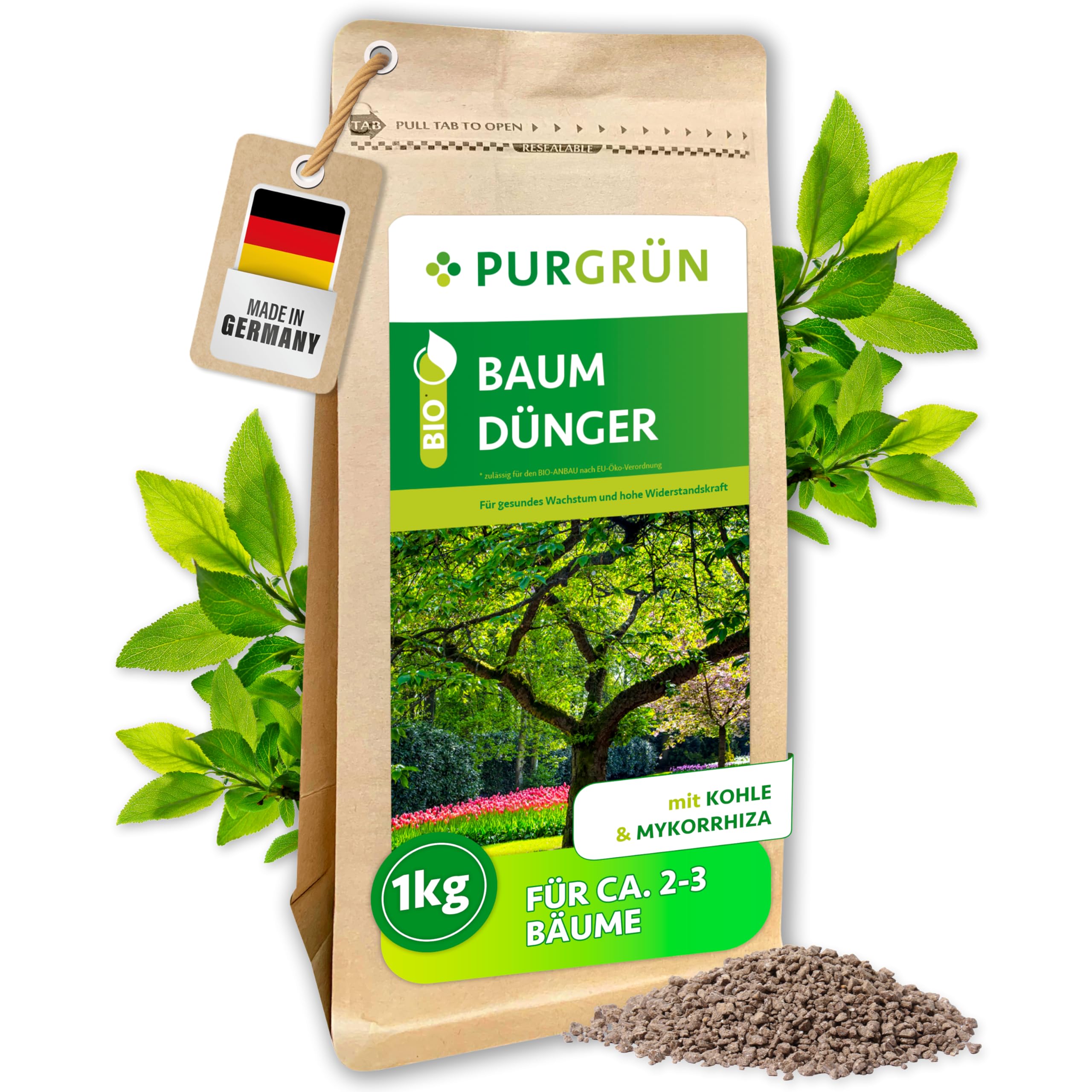 Bio-Baumdünger 1 kg – Gesundes Wachstum dank Mykorrhiza – Pflanzenkohle verbessert die Bodenqualität – Extra Magnesium für sattgrünes Laub ohne Verfärbungen – Granulat für 2-3 Bäume