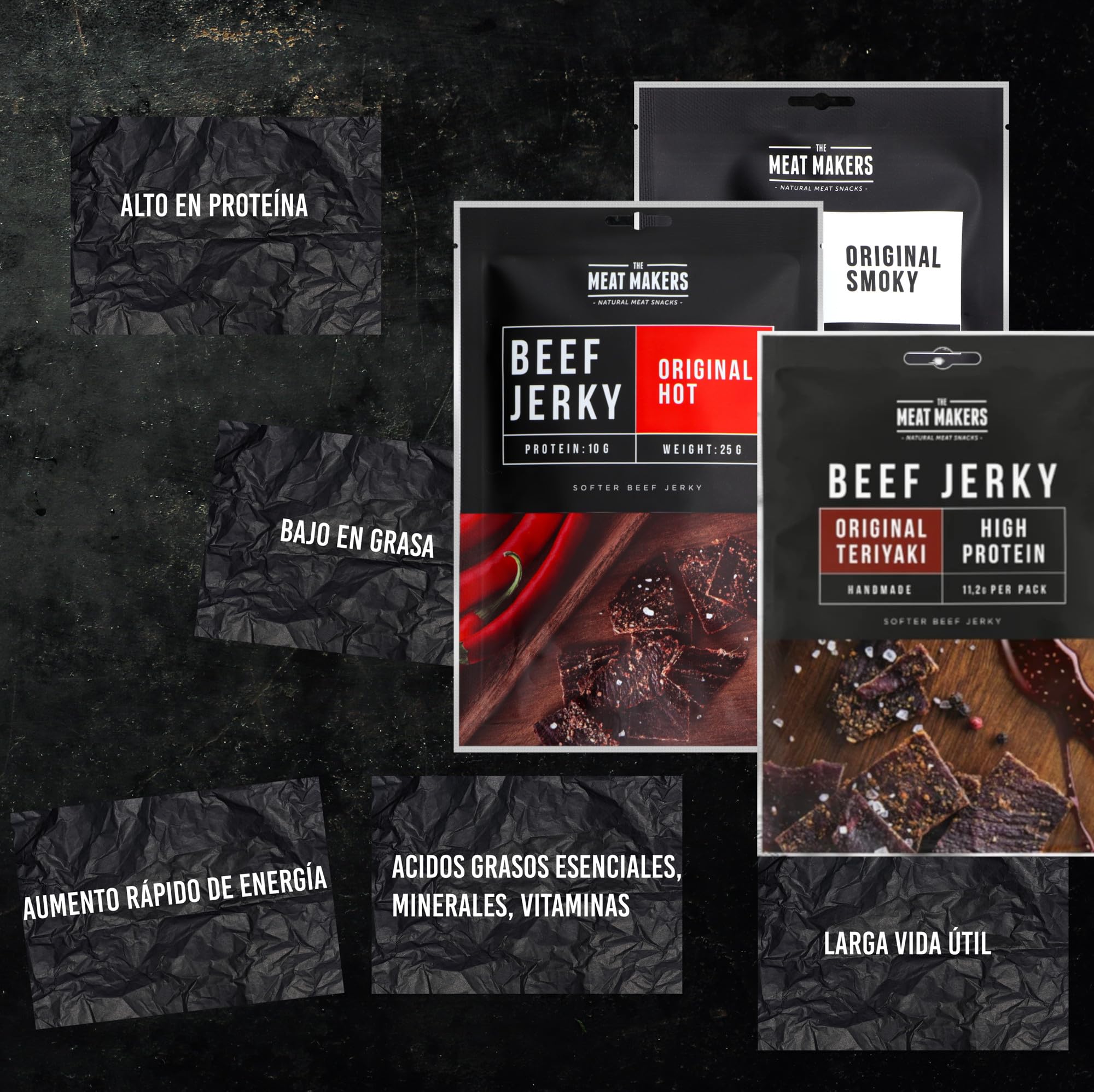 The Meat Makers Dried Beef Jerky Snack Mix Smoky Teriyaki Hot 300g (12x25g) - Cecina de Vaca, Carne Seca, Snack de Carne, Carne seca para personas.
