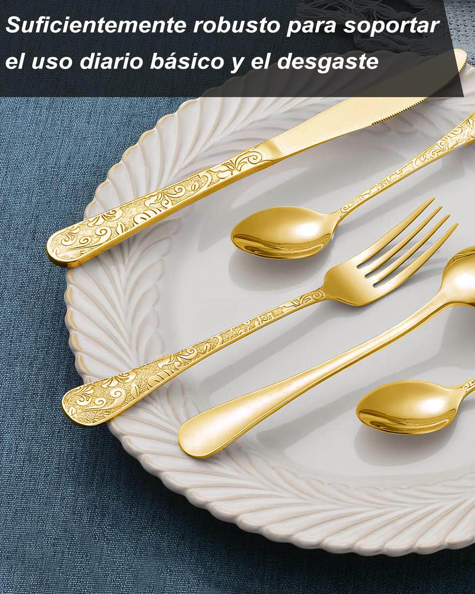 Juego de cubiertos oro para 6 personas, estilo retro tallado y moderno en relieve. Juego de cubiertos de acero inoxidable de 24 piezas. Incluye cuchillos, tenedores y cucharas