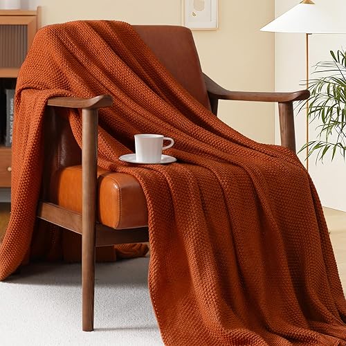 Miniatura 2 de Touchat Manta de punto para sofá, sofá y cama, manta de punto trenzado grueso, manta decorativa y acogedora para mujeres y hombres (naranja tostado,