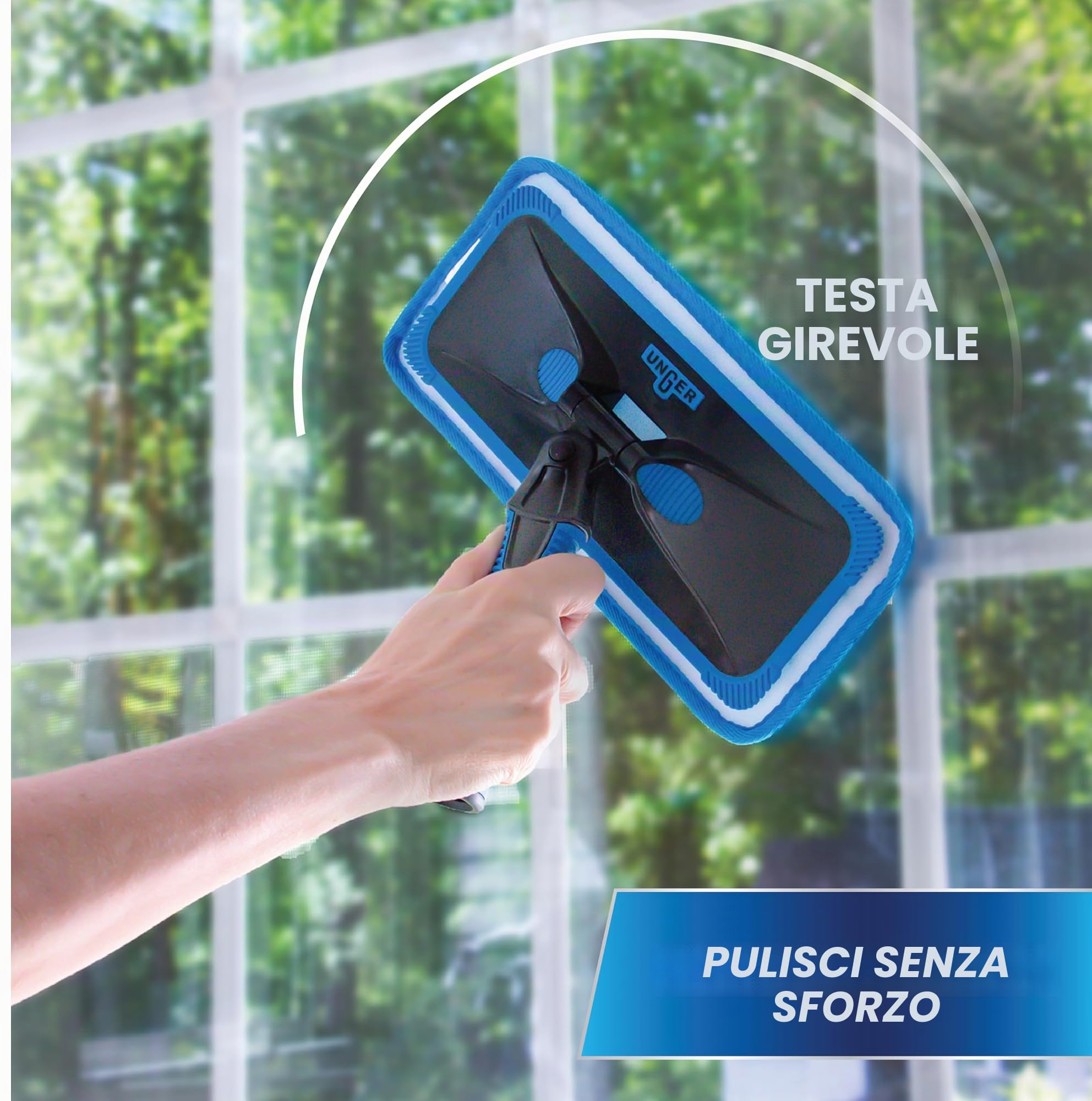 Unger ProClean - Pulitore per finestre per interni, strumento per la pulizia di finestre, vetri e specchi, risultati senza aloni, cuscinetti in microfibra riutilizzabili per la sostenibilità