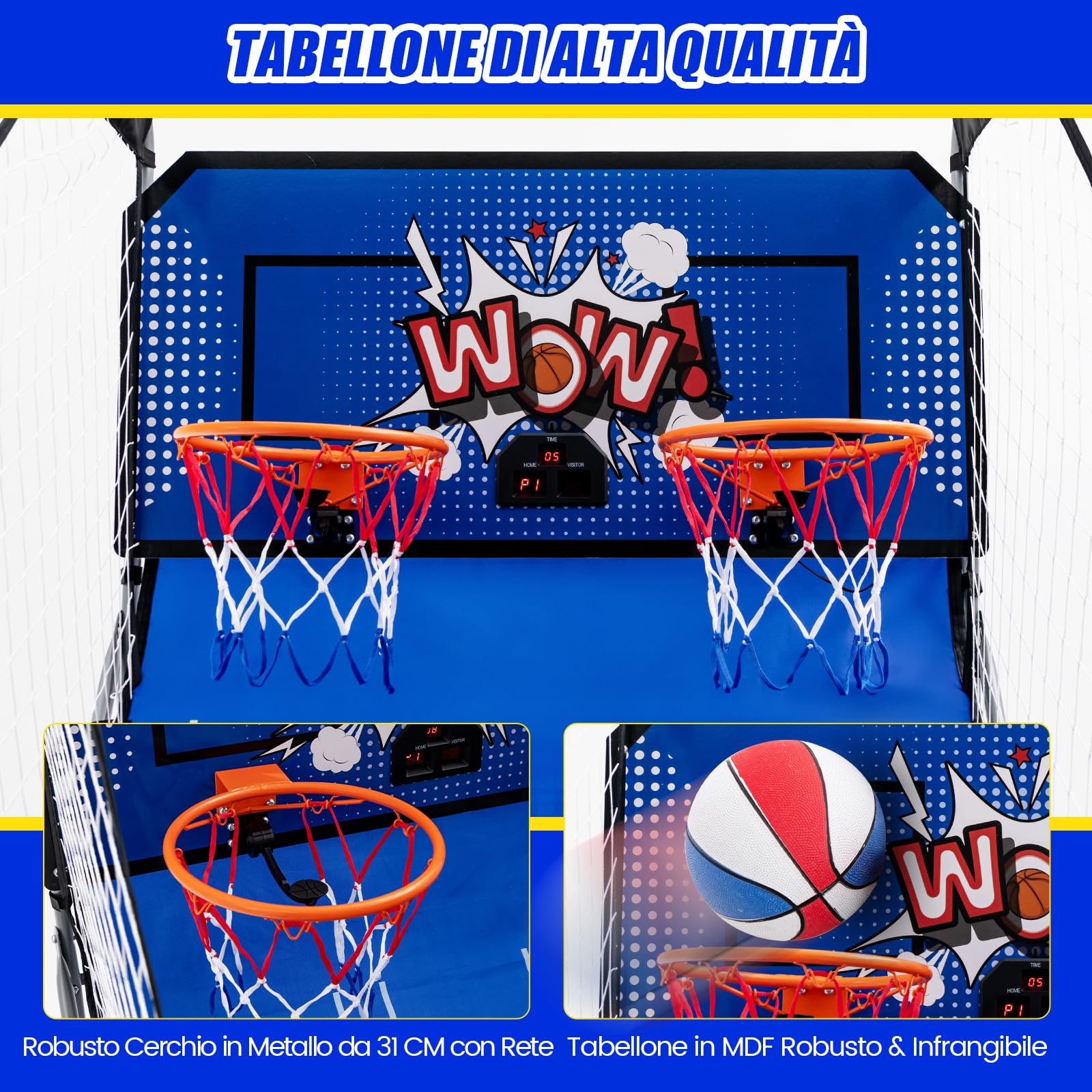 COSTWAY Macchina da Pallacanestro Elettronica Pieghevole, Gioco Arcade da Basket a Doppio Tiro per Casa con 8 Modalità di Gioco, Suono Arcade, Punteggio Elettronico, 4 Palloni e Pompa (Blu)