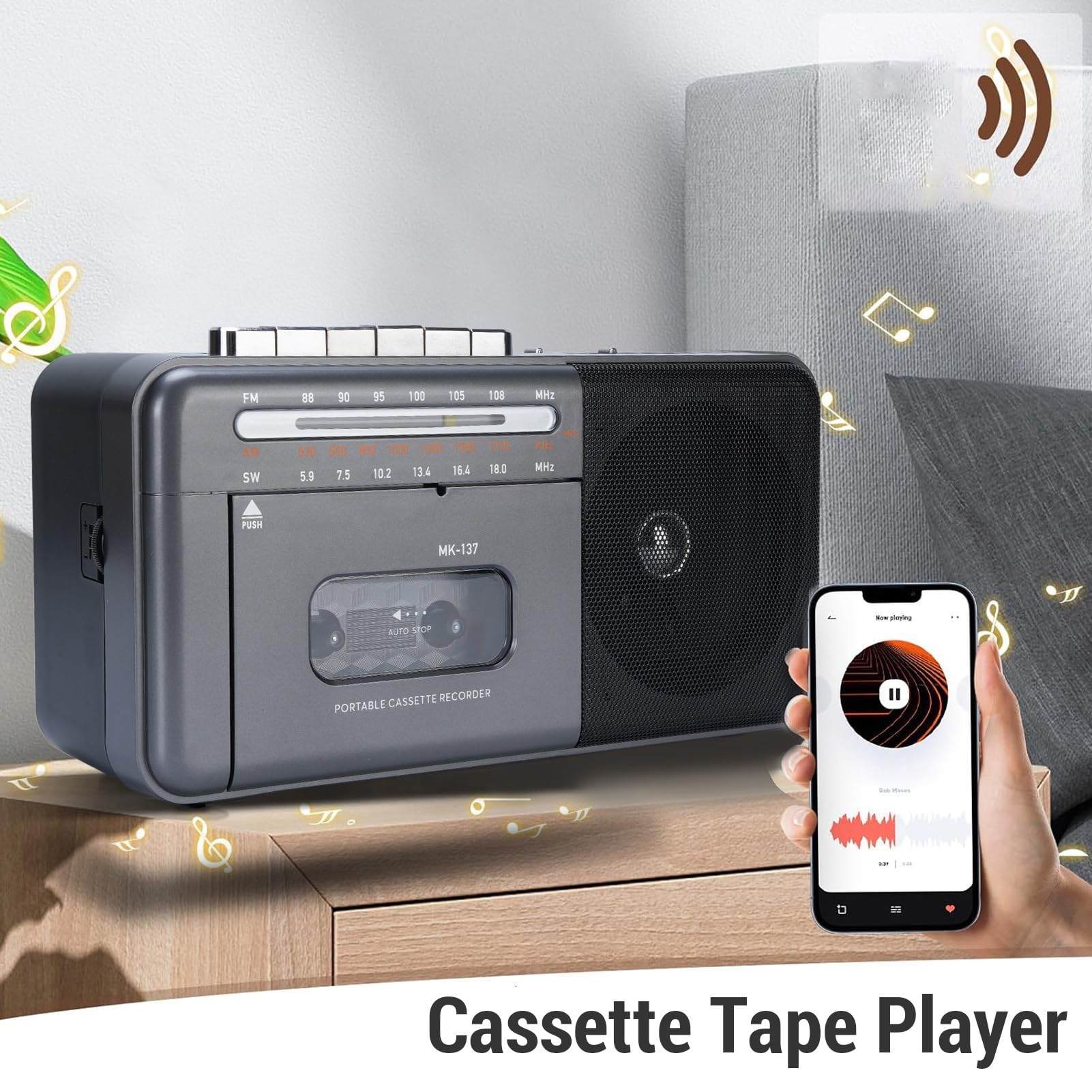 Denash Kaseta, Odtwarzacz, Przenośny Retro Look Radio z FM AM SW, Odtwarzanie USB 5.0 (wtyczka UE)