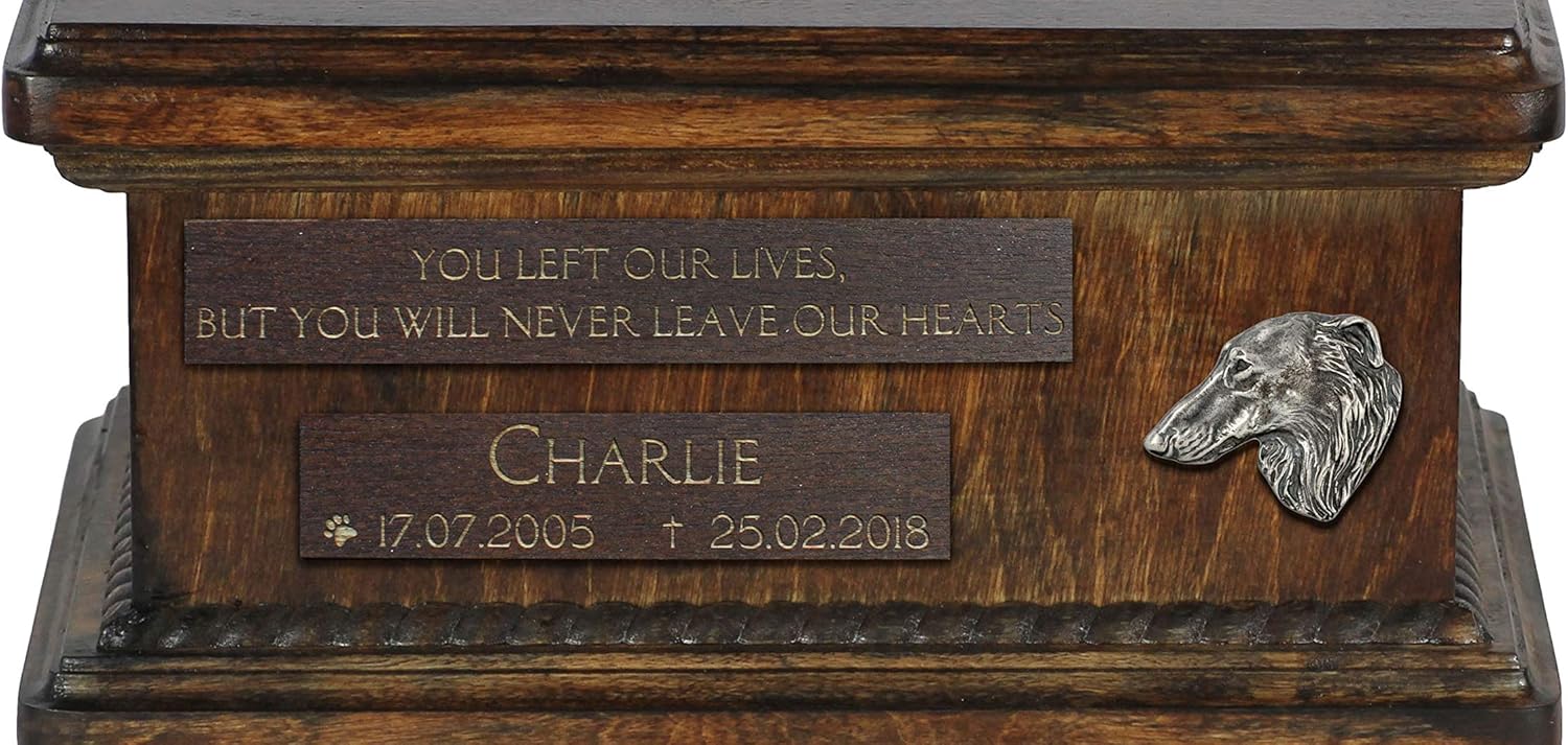 Art-Dog Custom Dog Sitting Statue Memorial Urn - Handmade Cold Cast Bronze on Birch Base – Sturdy and Stylish Urn for Dog’s Ashes – 8.3x11.4x8.7 – 5l – Borzoi