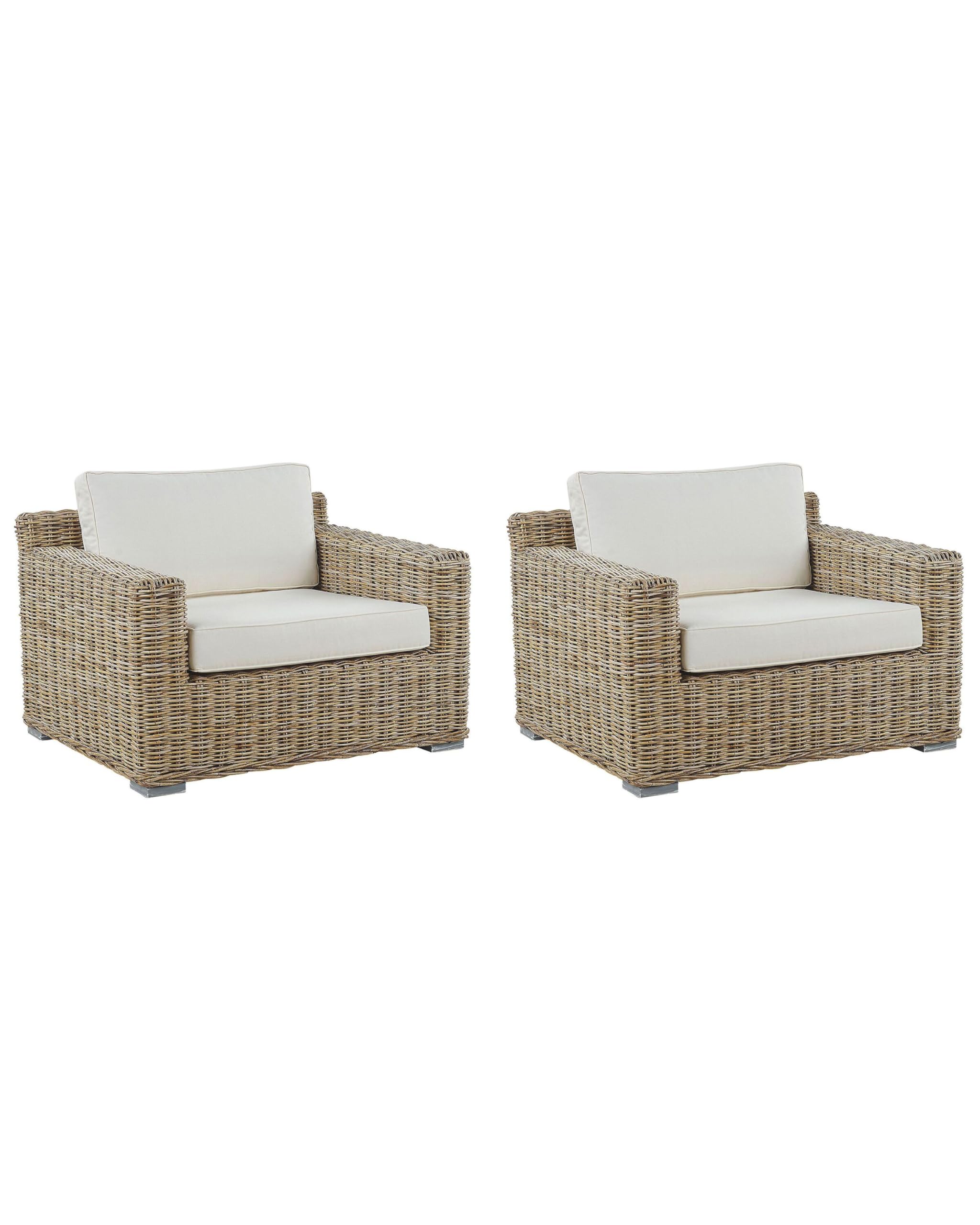 Praktisches Gartensessel Set Rattan hellbraun Auflagen in Cremeweiß Ardea