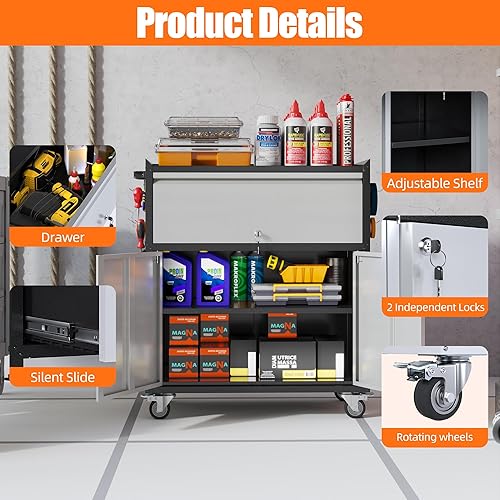 Miniatura 4 de Aobabo Armario de almacenamiento de herramientas con ruedas, 3 cajones para herramientas, armario de almacenamiento de metal con ruedas, requiere