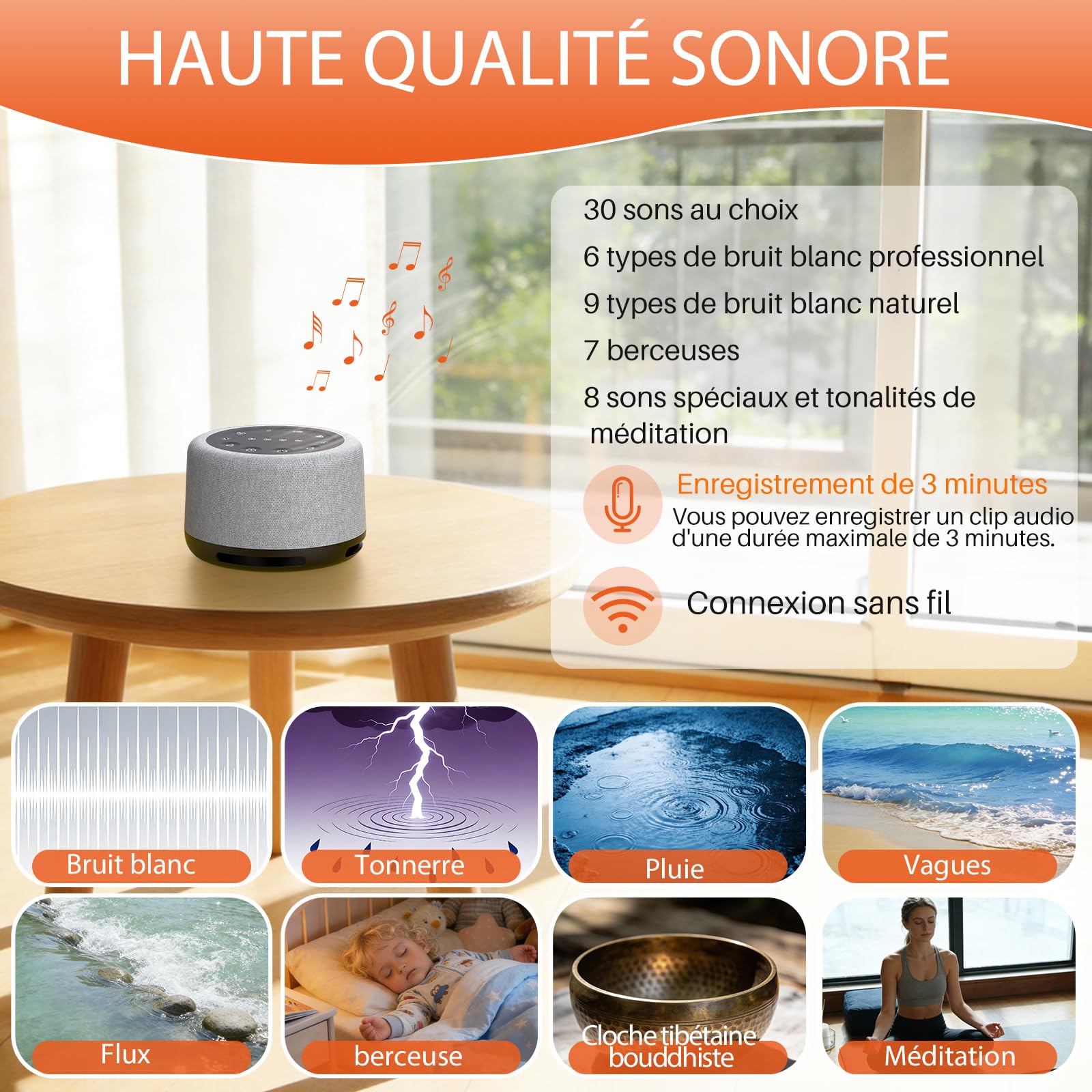 FUNYKICH Machine à Bruit Blanc pour Sommeil Profond, 30 Sons Relaxants, Lumière 7 Couleurs et Minuterie, Idéal Adultes et Bébés Entraînement Respiratoire (Gris)