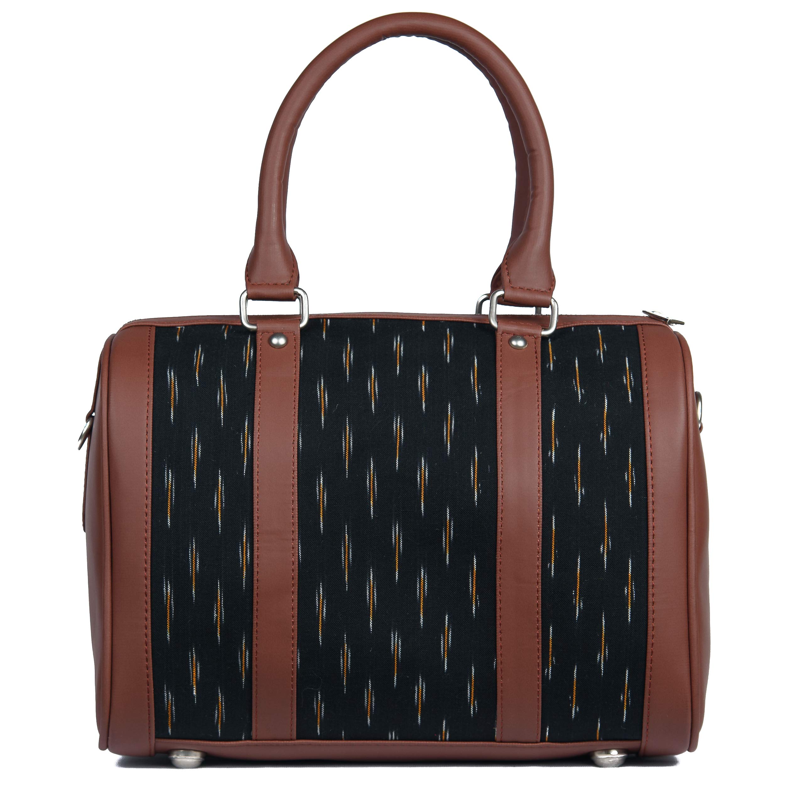 ZOUKBlack Ikkat and Vegan Leather Handmade Women's Handbags with double handles and detachable Sling Strap - GreRe