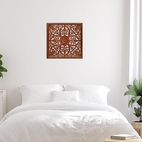 Miniatura 8 de Light & Pro Panel de arte de pared de madera de 24 x 24 pulgadas, decoración de pared decorativa marrón tallada a mano para sala de estar,