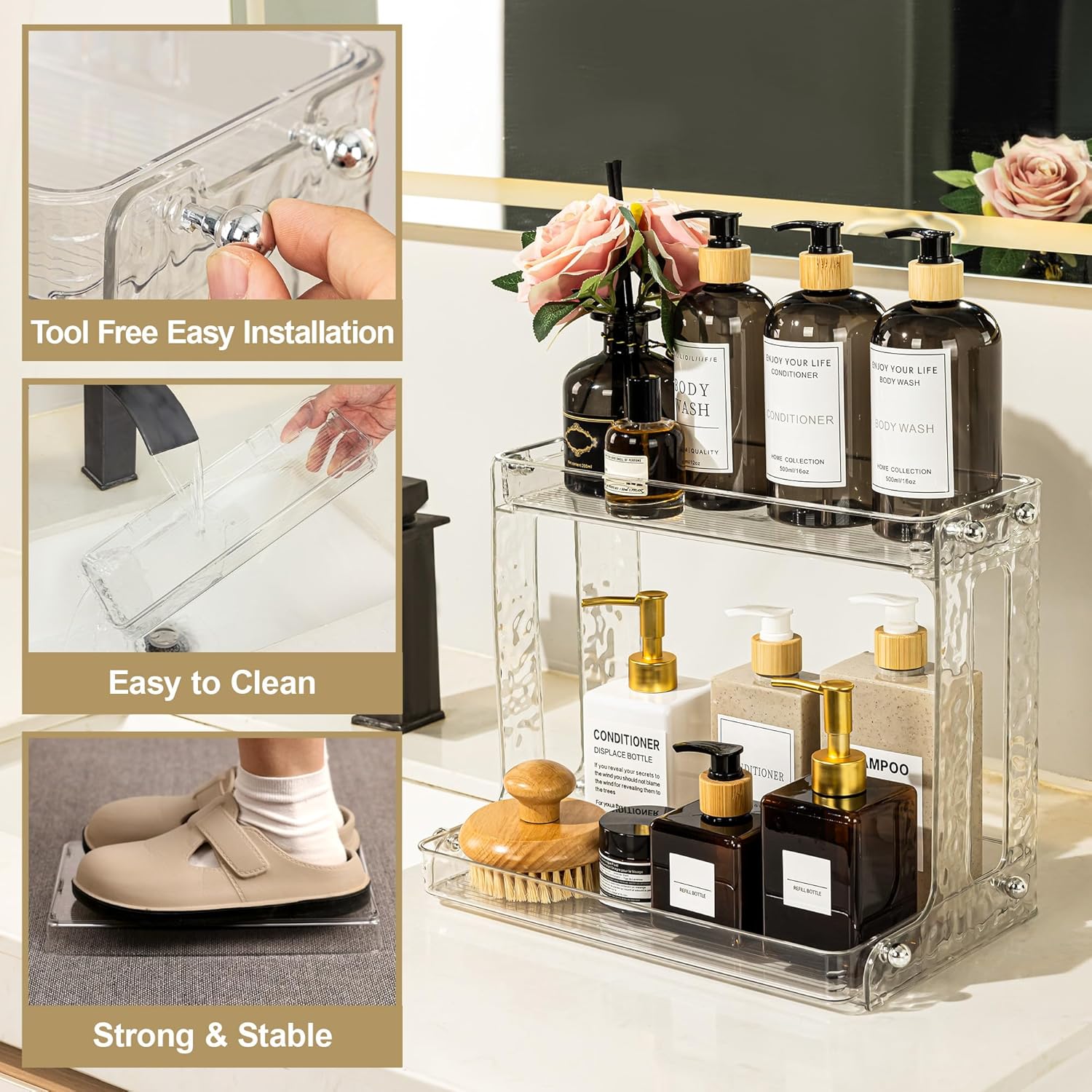 HUXOR Bathroom Countertop Organizer, 2 Tier Makeup Storage Organizer, Skincare Organizers, Clear Acrylic Large Perfume Shelf for Bathroom, Vanity, Bedroom, Living Room, Coffee Bar