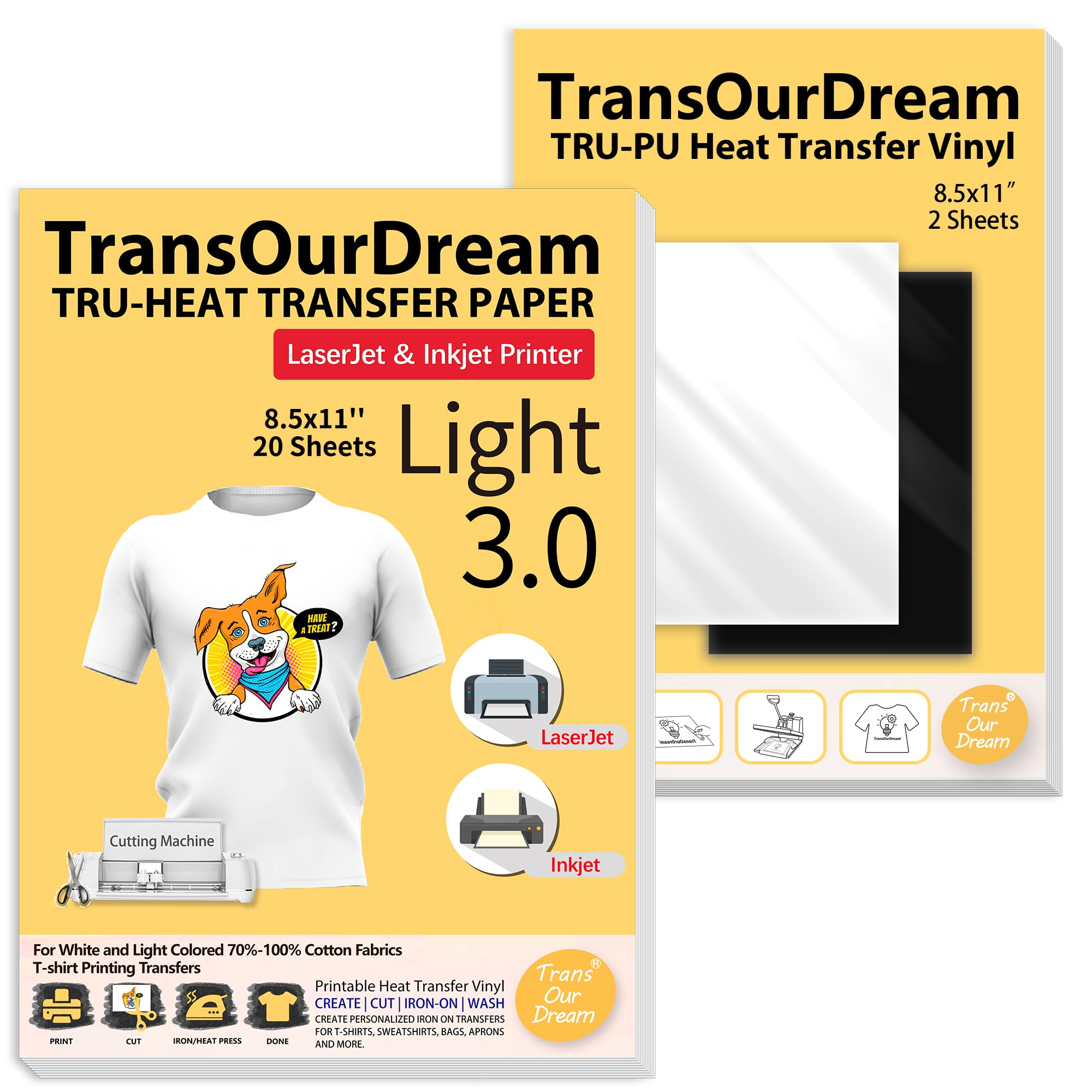 TransOurDream Iron on Heat Transfer Paper for Light Fabric (20 Sheets, 8.5x11") Printable Iron on Transfers for Inkjet Printer & Laserjet Printer,