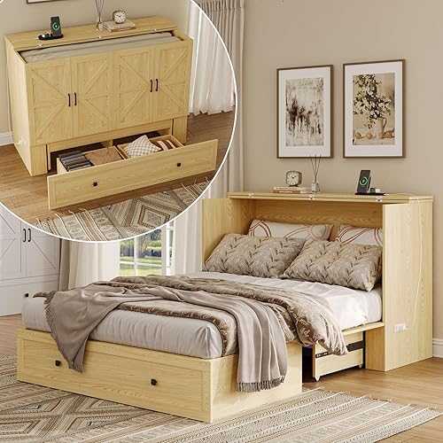 Full Size Murphy Bed with Charging Station, Wall-Mounted Hideaway Bed with Foldable Panel for Home Office, Small Rooms, Guest Bedrooms, Living Rooms, Natural