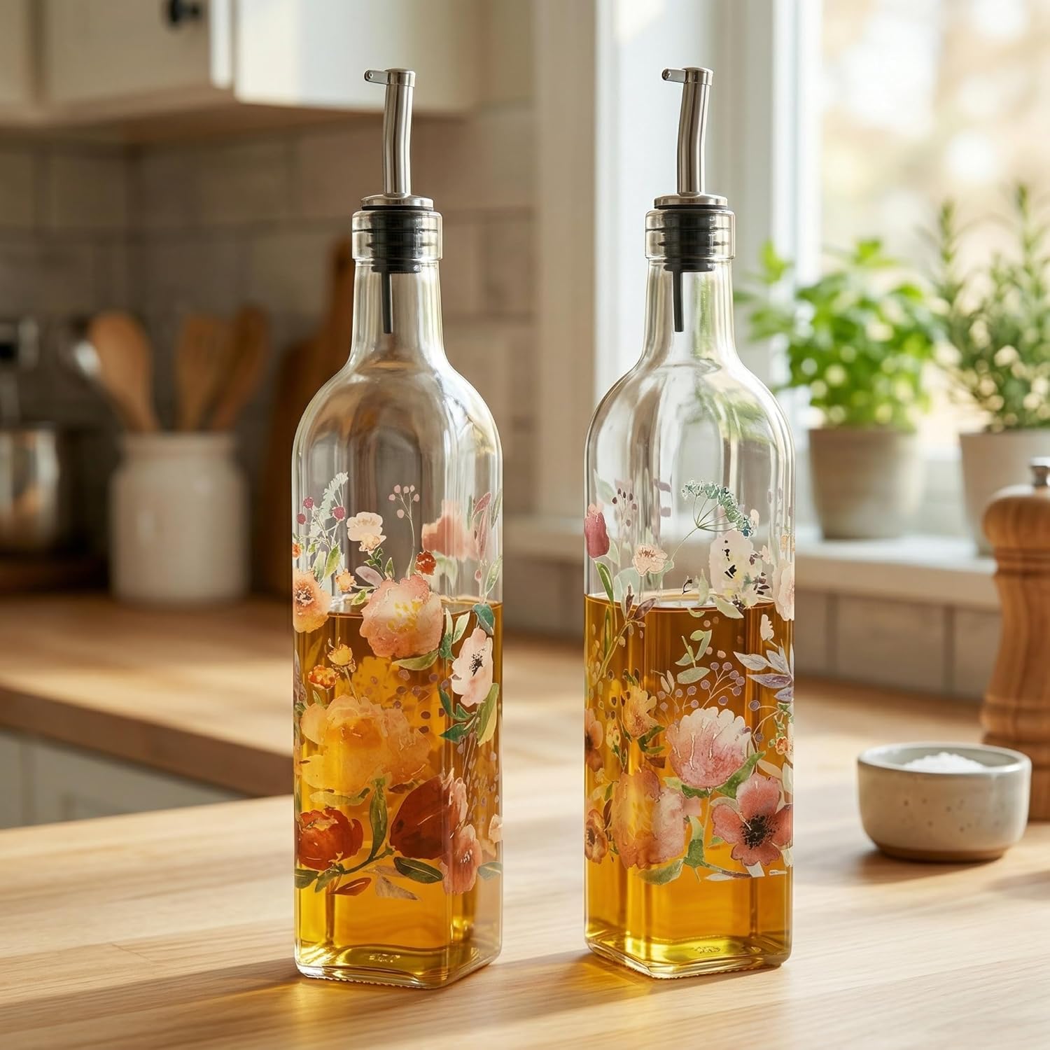 Topadorn 17 oz Olive Oil Dispenser Bottle Set for Kitchen, 2 Pcs Glass Oil Dispenser Bottle with Stainless Steel Pourers, 2 Packs of Napkins, Pink Flowers