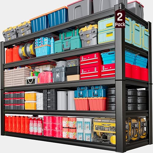 Miniatura 18 de Estantería de garaje resistente de 68 pulgadas de ancho, estantes de almacenamiento profundos de 4 niveles, estantes de garaje de metal negro
