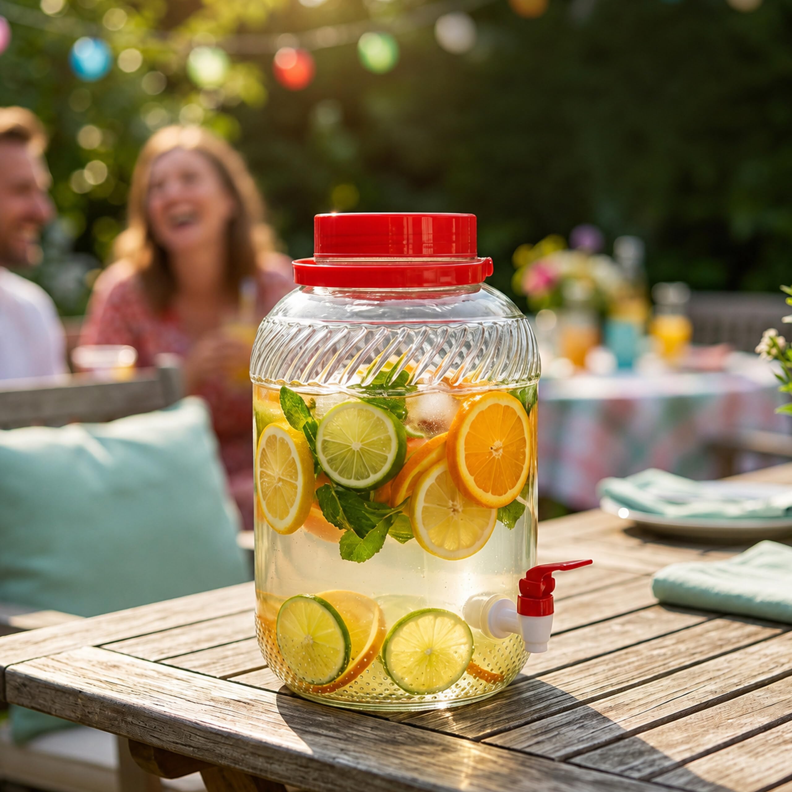Relaxdays distributore Bevande 10 L in Vetro, per Bevande Fredde, con Rubinetto, Coperchio e Manico, Trasparente/Rosso