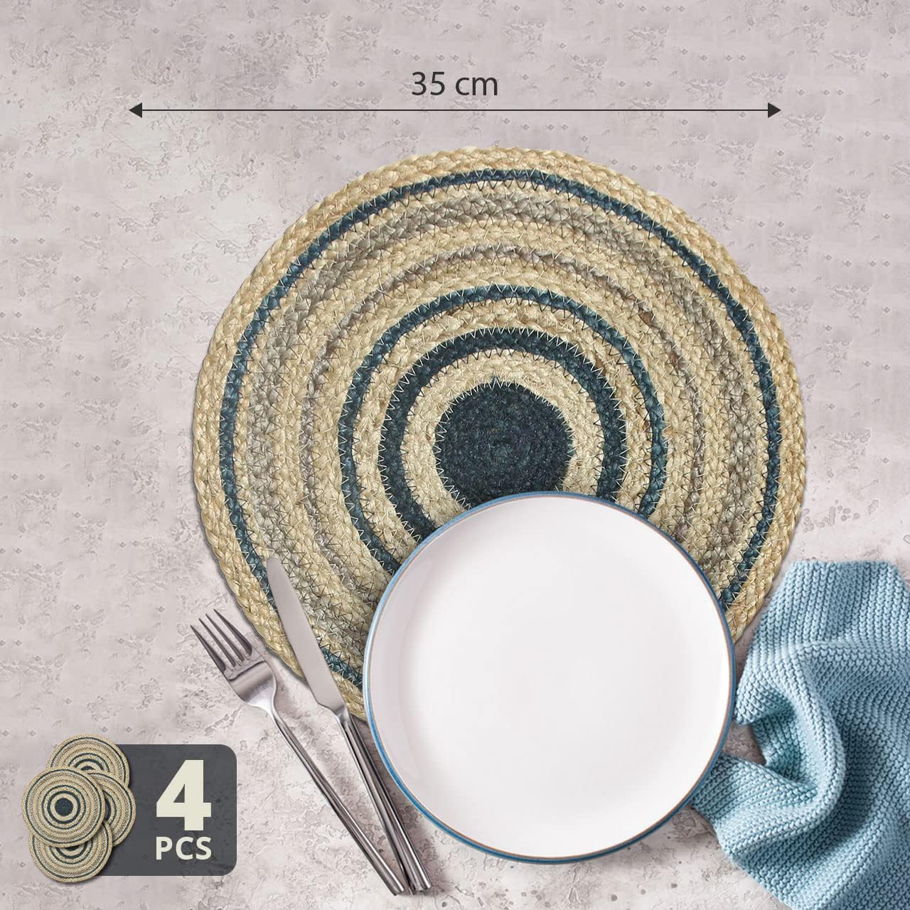 Revive Natural Jute Wicker Placemats, Braided Organic Handmade 14-inch Round Table Mats, Set of 4 (Blue)