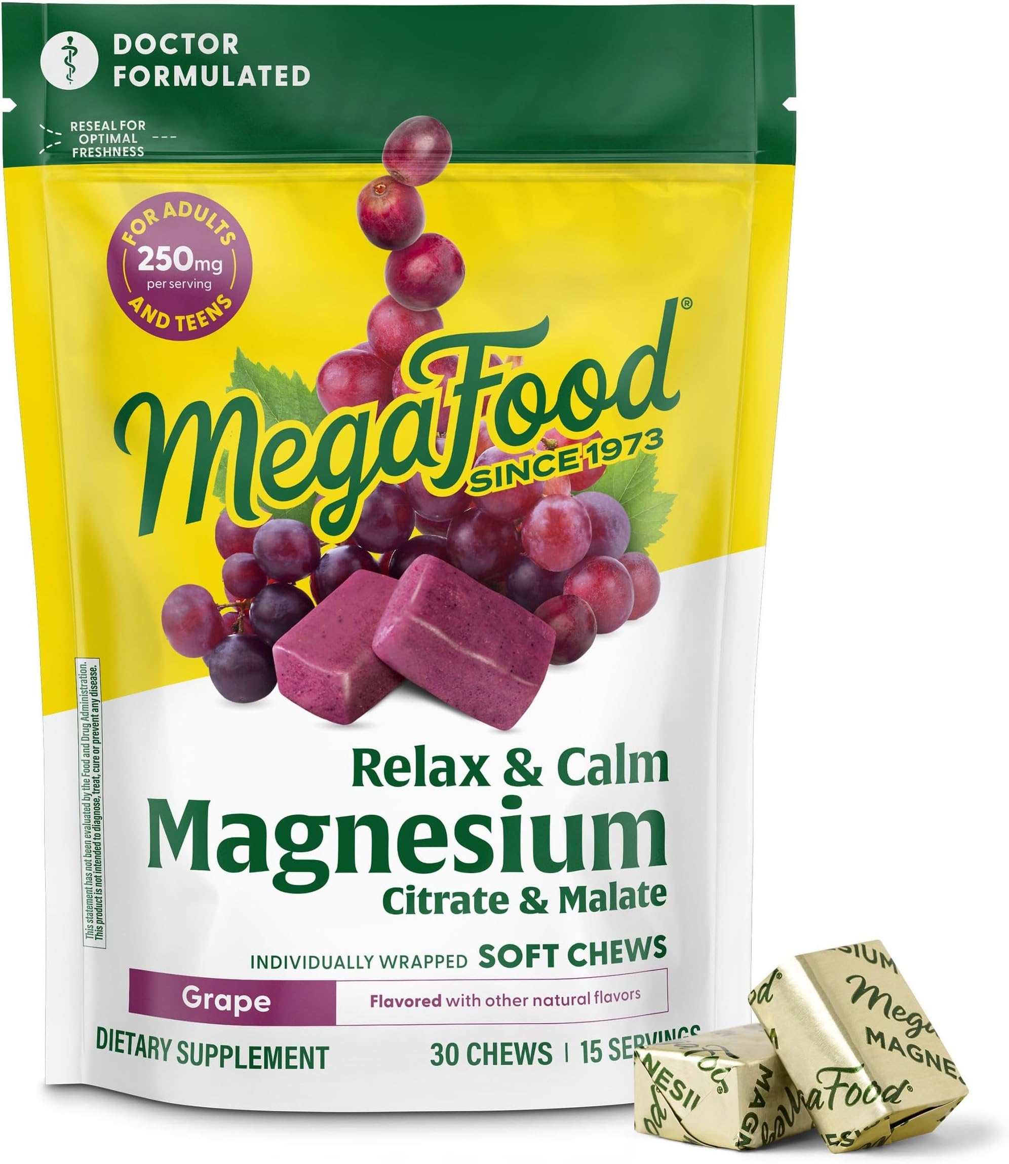 Relax + Calm Magnesium Complex with Magnesium Citrate & Malate for Heart Health, Muscle Tension & More – Doctor Formulated - Vegetarian – Grape Flavor - 30 Soft Chews (15 Servings)