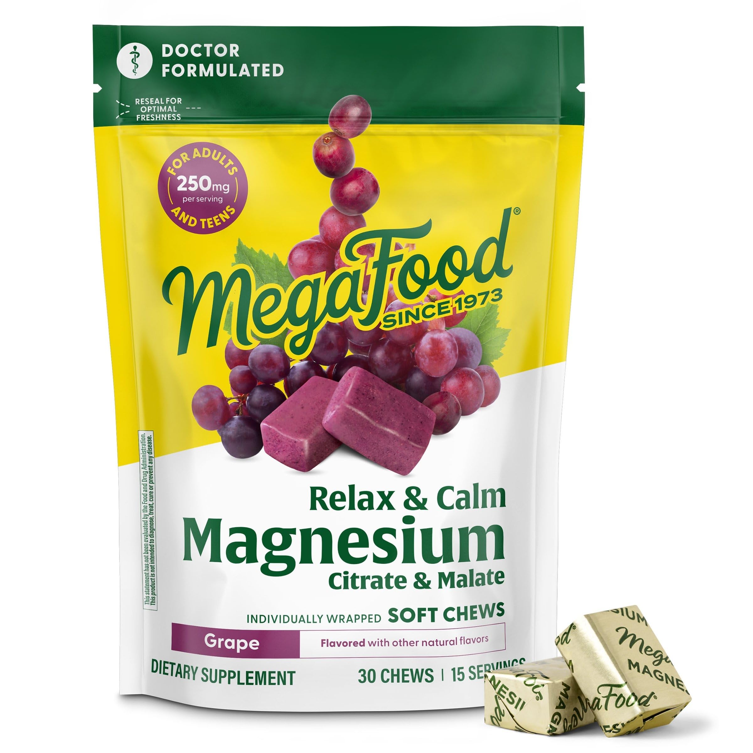 Relax + Calm Magnesium Supplement - Soft Chews with Magnesium Citrate & Malate for Heart Health, Muscle Tension & More - Vegetarian - Grape-Flavor - 30 Chews