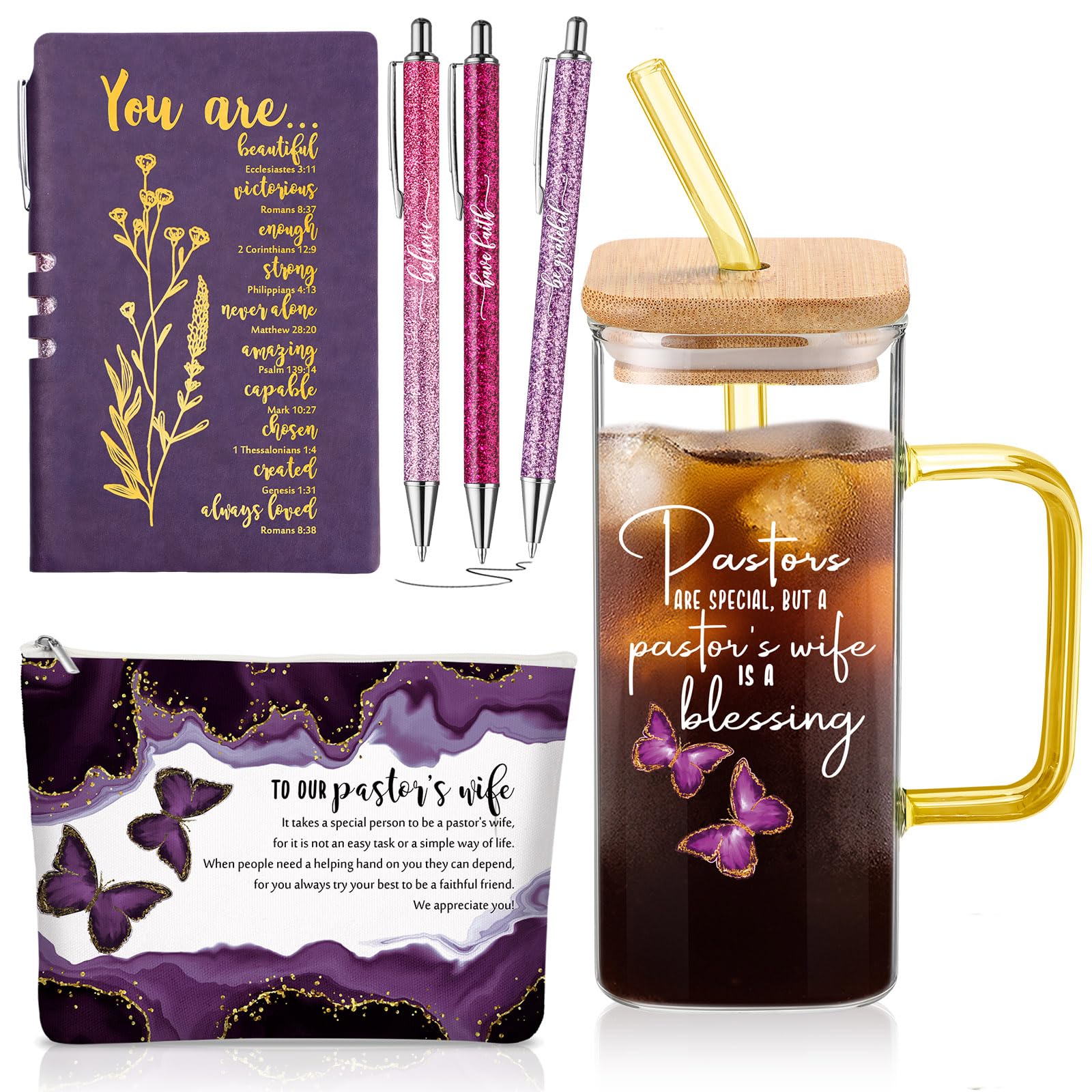 Gobelet en verre avec trousse et carnet chrétien, cadeau idéal pour femme