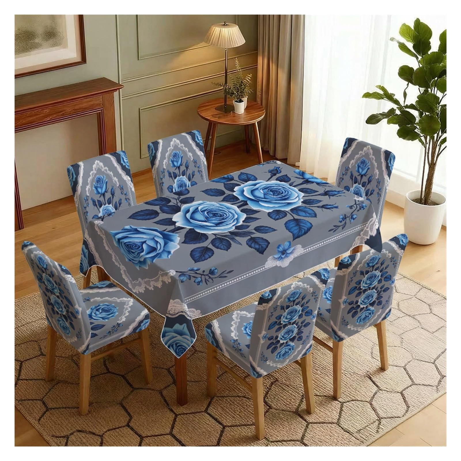 KXUAUV Blue Rose Floral Print Tablecloth & Chair Covers Set, Slipcovers For Dining Room, Kitchen, Wedding & Romantic Decor, 5/7 Pack Party Decor(7pcs Set: Tablecloth+Chair Covers)