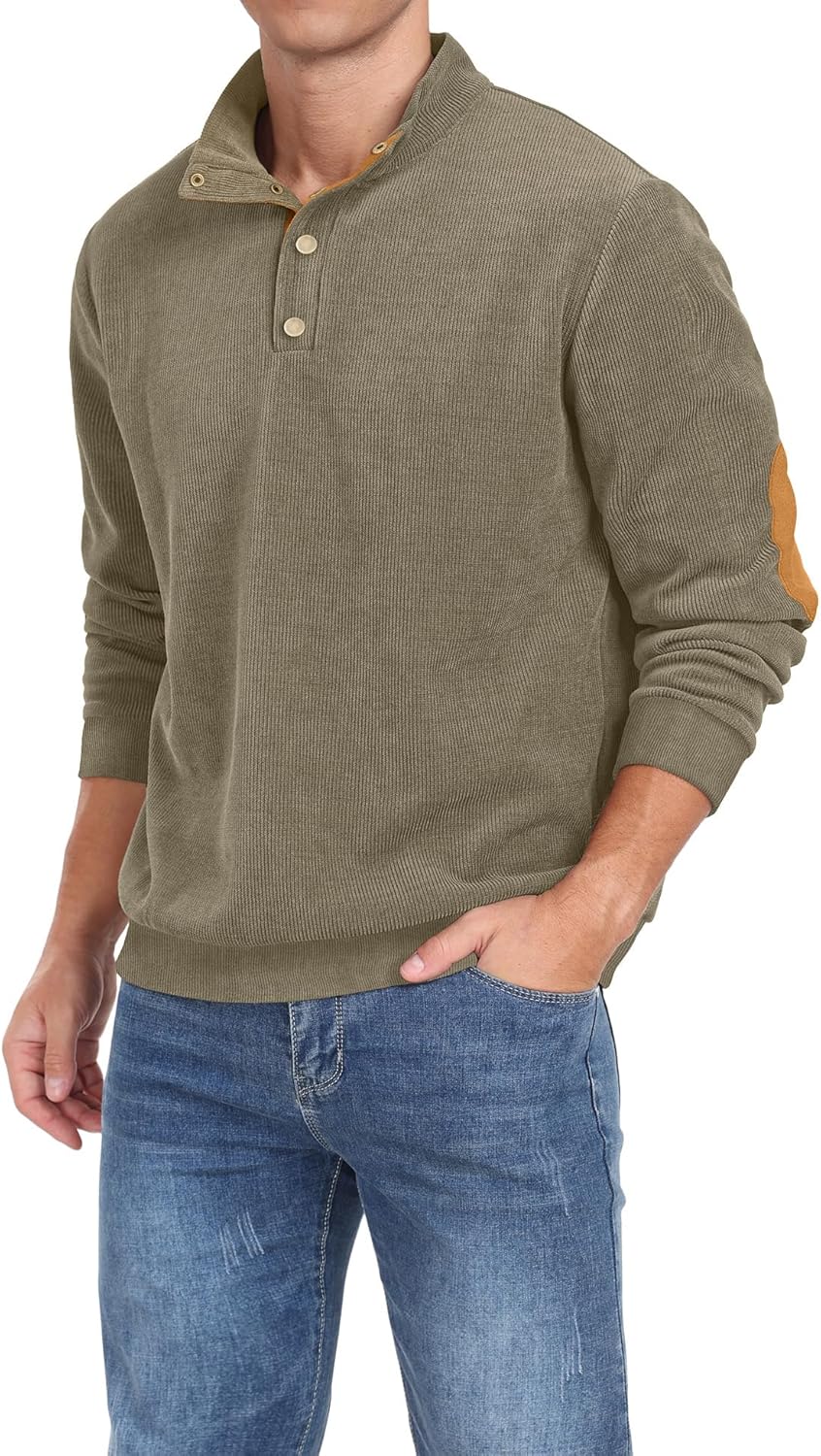 Mens Casual Corduroy Sweatshirt Long Sleeve Stand Collar 1/4 Button Up Pullover Fall Polo Sweaters - Image 4
