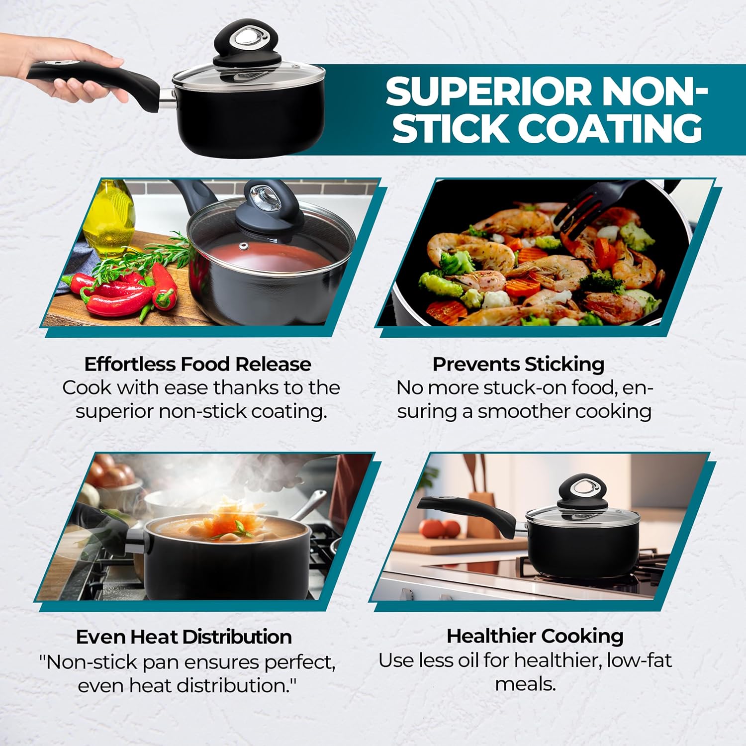 Premium 18cm Non-Stick Saucepan with Glass Lid, 2.5L Capacity, Soft Touch Handle, Steam Vent, Induction & All Hob Compatible, Dishwasher Safe, 2.5mm Pressed Aluminium