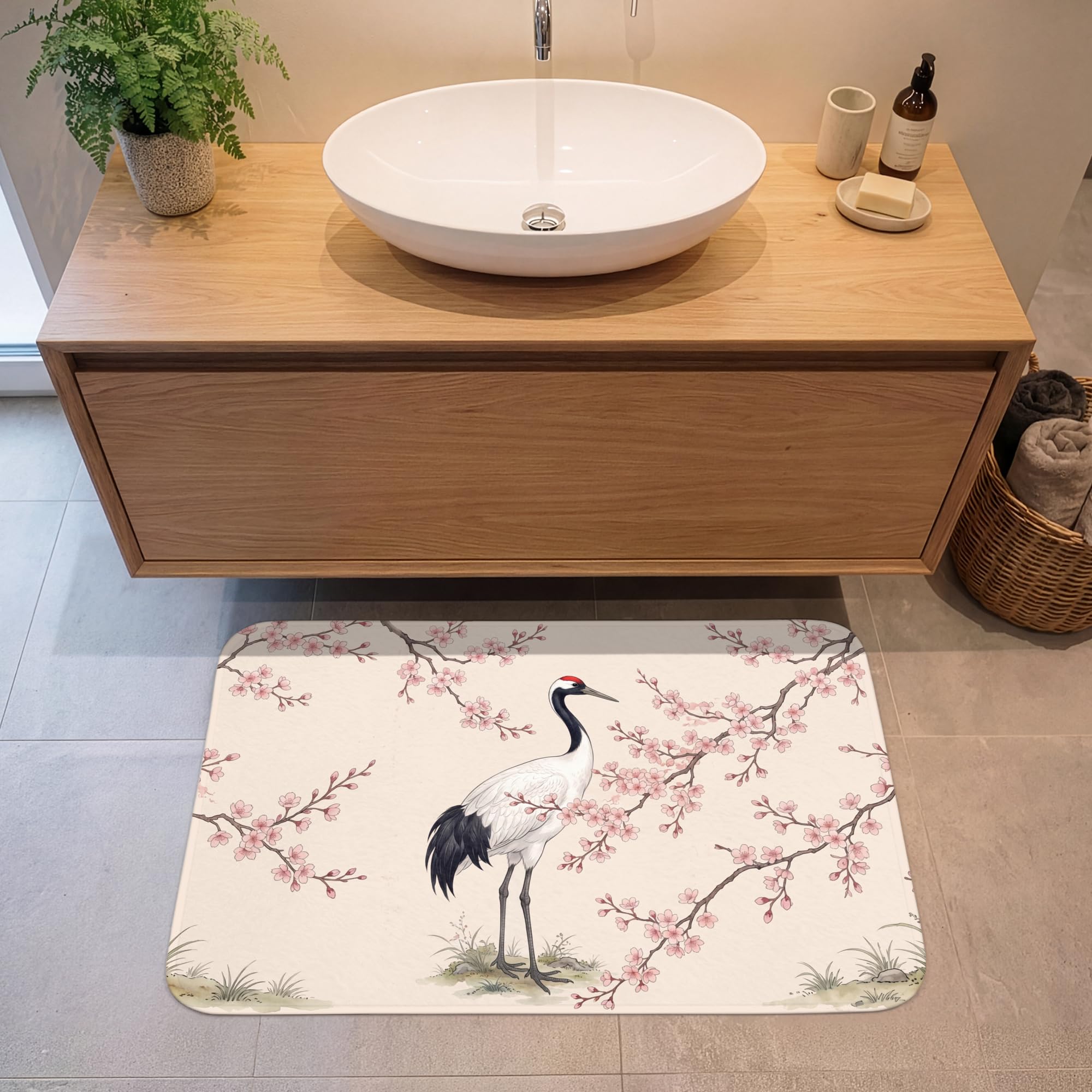 Tapis De Bain Rectangulaire 90x60 cm Douche Decoration Absorbant Antidérapant Lavable Non Slip Bath Mat Accessoire Baignoire Asiatique - Grue - Beige