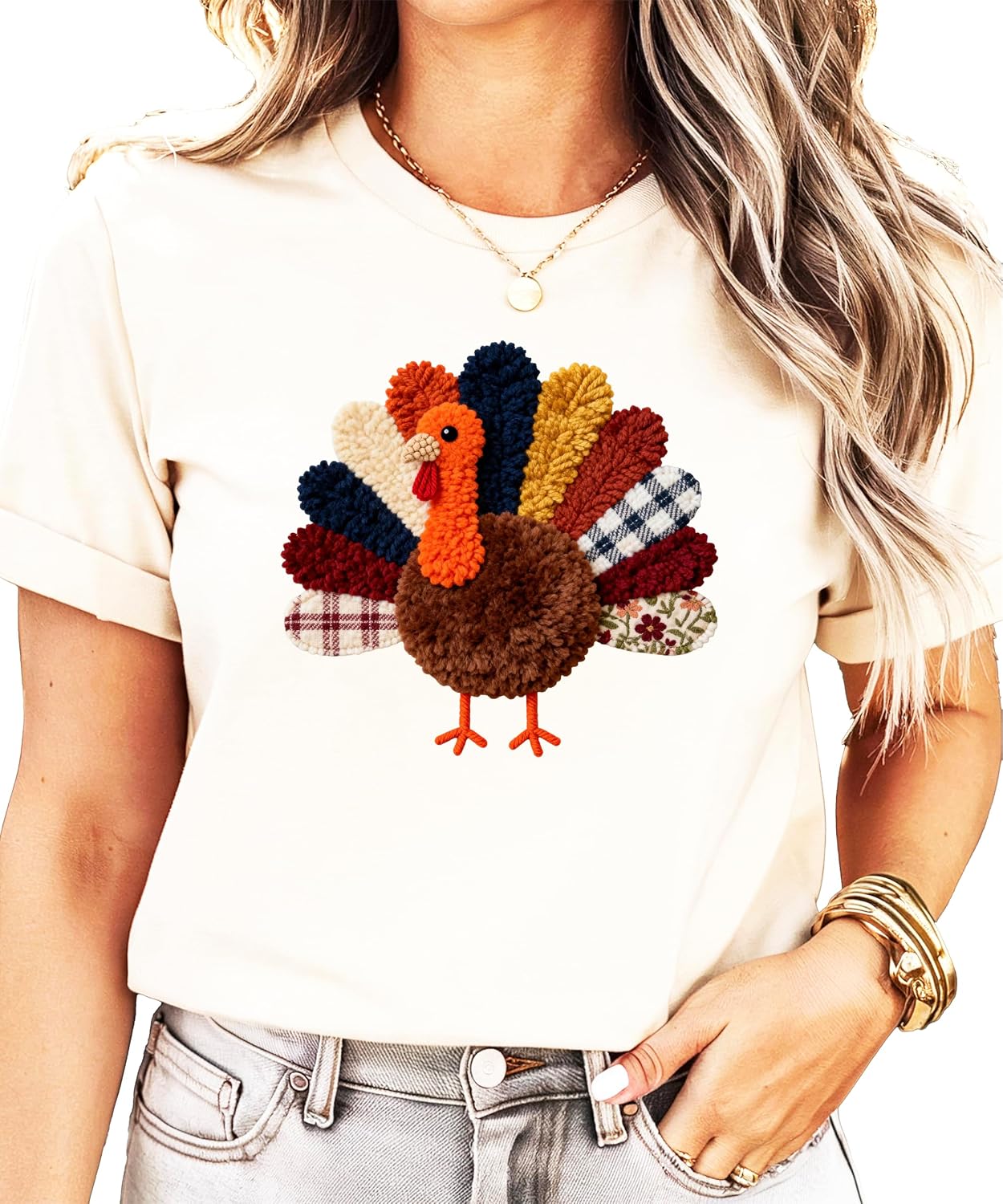 Ink Printed Image NOT a Yarn Patch - Fall Turkey Shirt for Adults and Kids Thanksgiving Tee