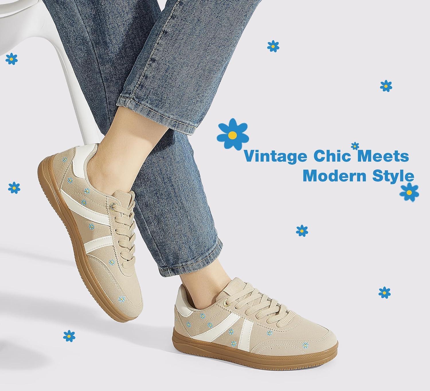 LUCKY STEP Women Classic Retro Tennis Sneakers Fashion Gum Sole Skate Casual Walking Shoe Anti Slip Floral Embroidery Comfortable Trainers - Image 5