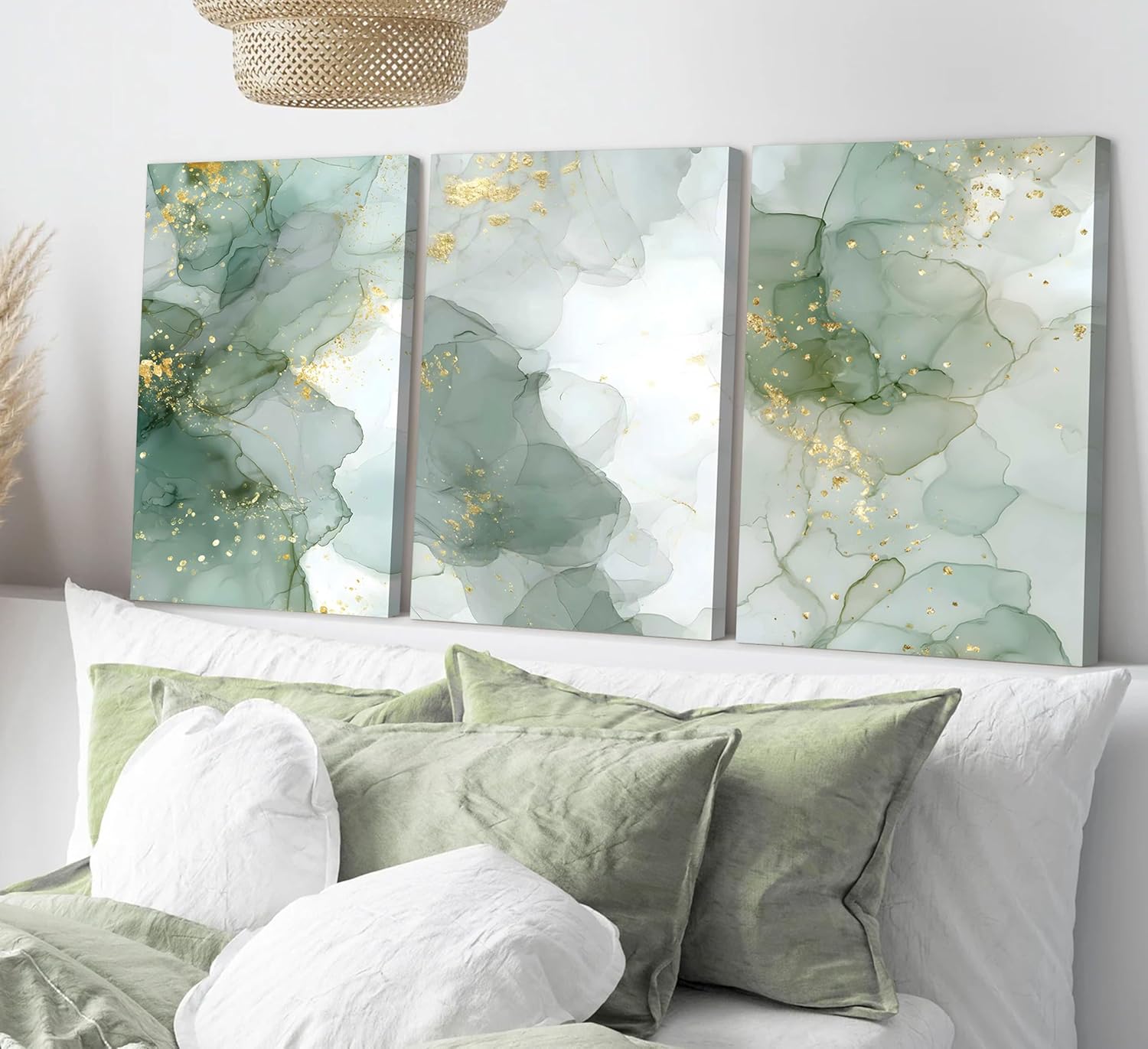 3Pcs Framed Sage Green Gold Canvas Wall Art Abstrac Marble Pictures Elegant Modern Living Room Posters Print Paintings Wall Decor Artwork for Bedroom Bathroom Office Home Decoration 16x24in