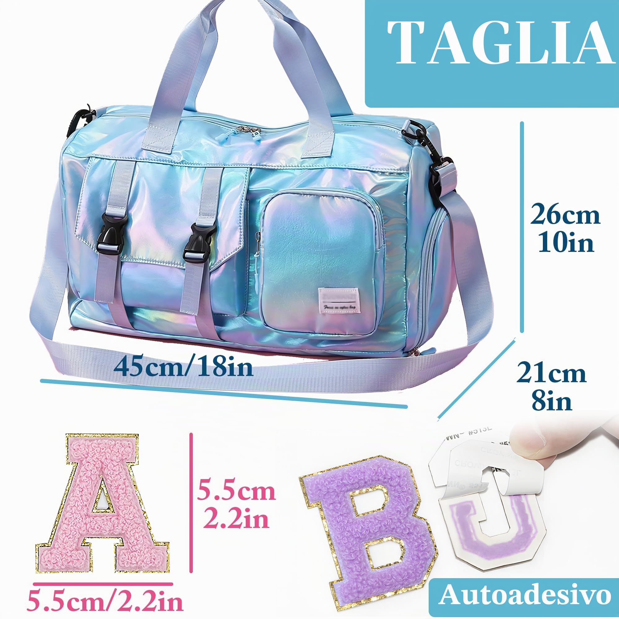 Borsone da Viaggio, Bagaglio a Mano Borsa da Viaggio con Scomparto per le Scarpe,Borsa per Attrezzatura Sportiva con Zip,45 x 26x 21 cm,26 toppe ricamate con lettere Adesivi
