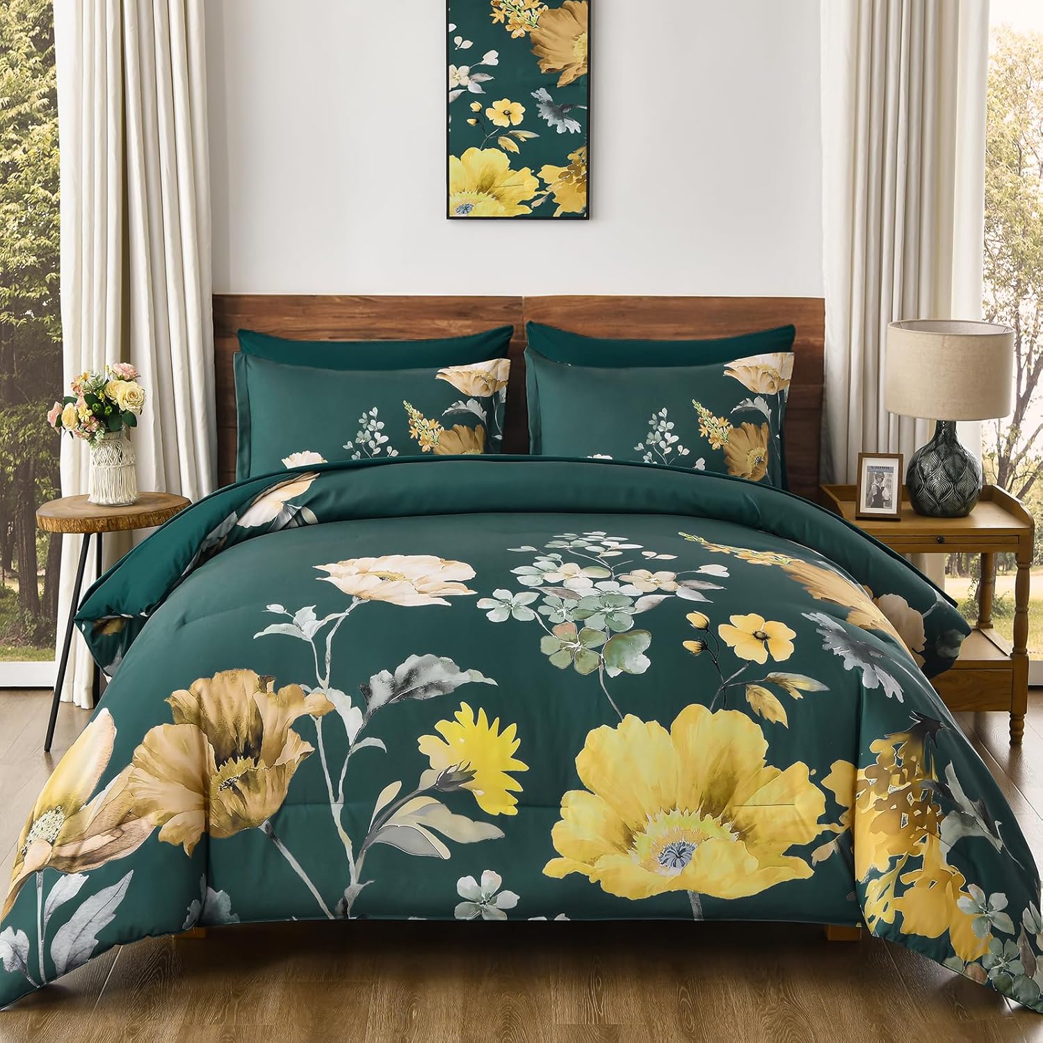 DJY Floral Comforter Set Queen Size 7 Pieces Teal Green Floral Bed in a Bag with Flower Leaves Pattern, Soft Microfiber Botanical Comforter and Sheet Set All Season Bedding Set(90''x90'')