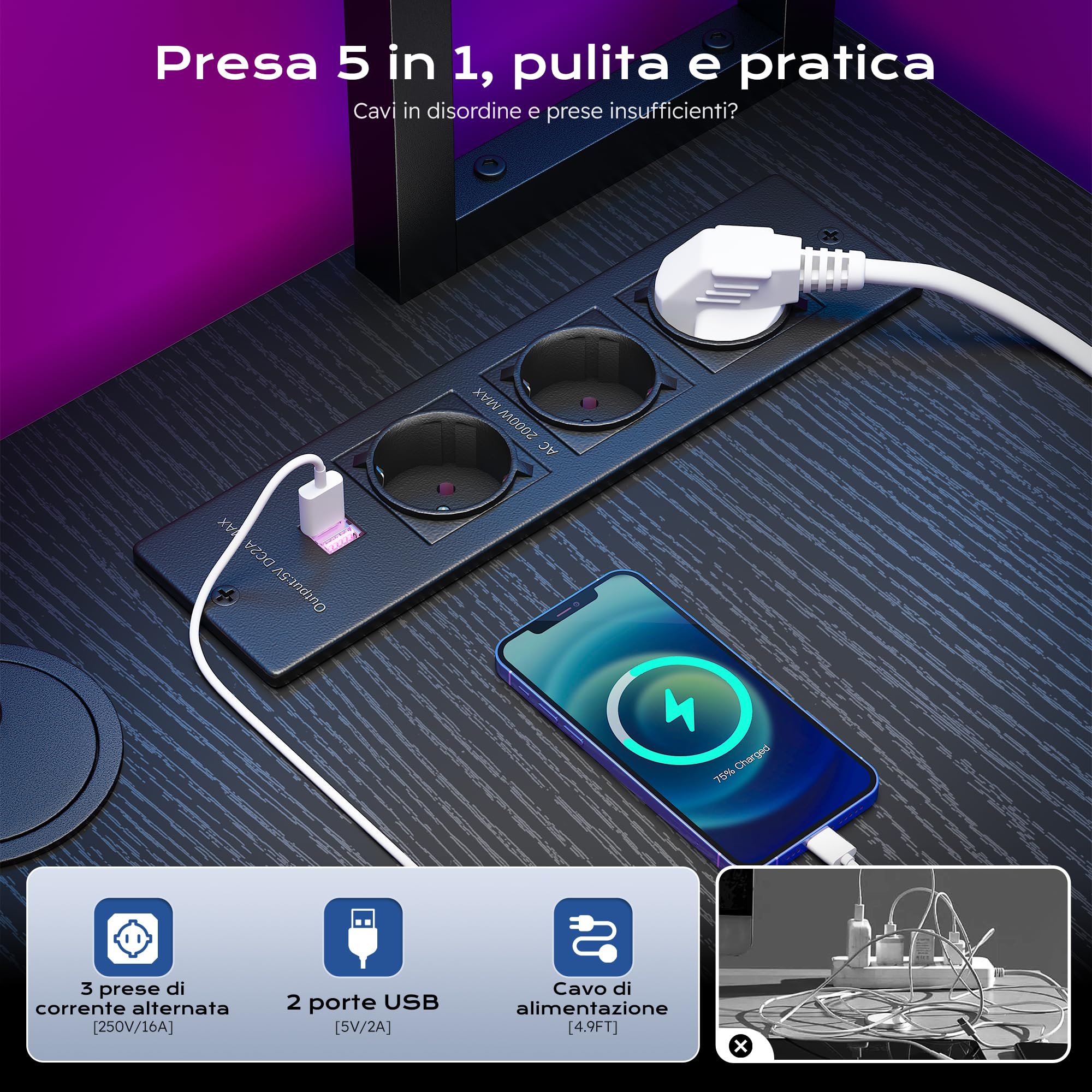 140x100cm Forma a L Gaming Scrivania con Libreria, LED per Lavorare