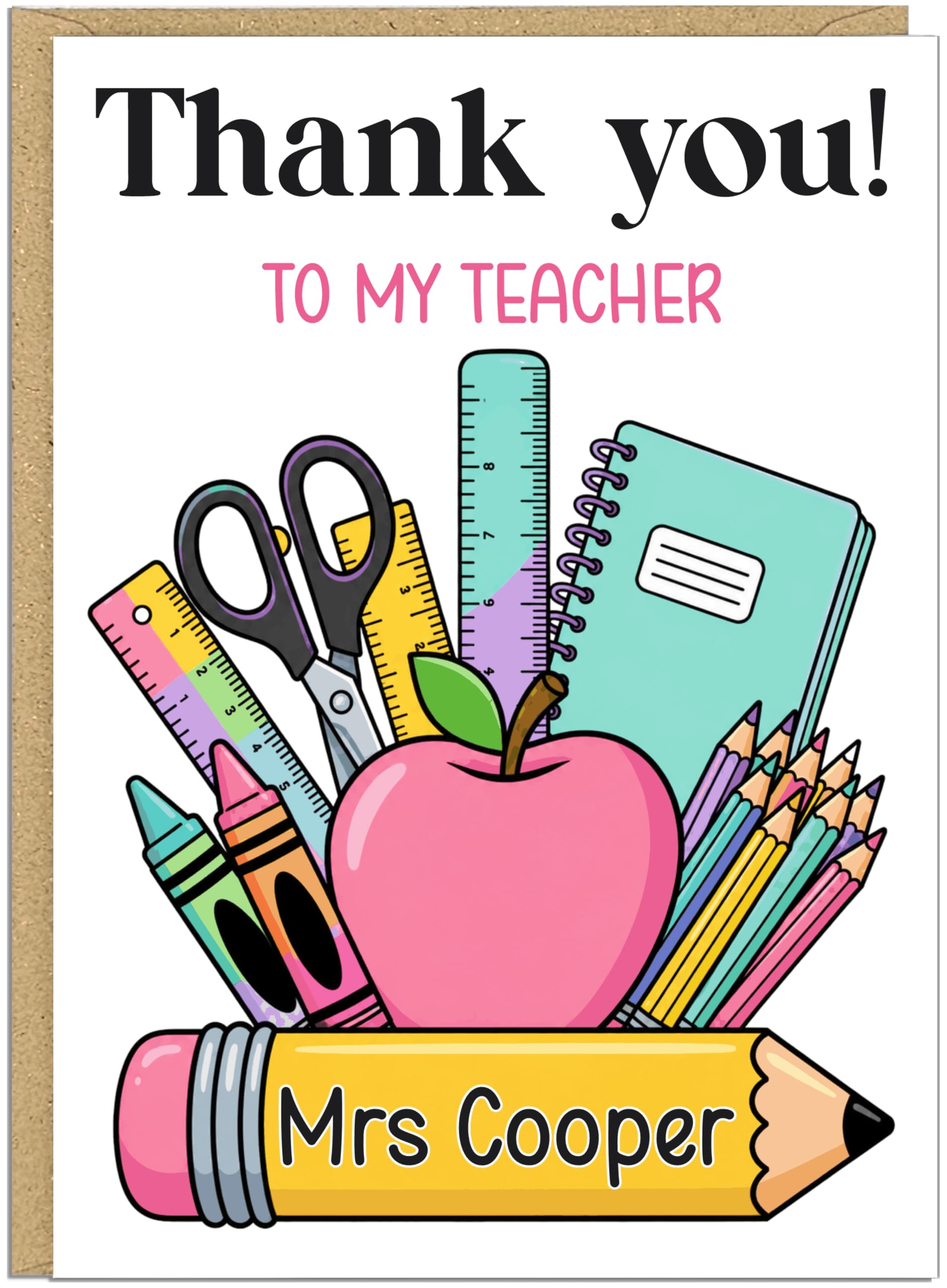 Colourful Personalised Thank You Best Teacher Cards - The Best Teacher Ever Apple Pencil Rainbow Designs Custom Add Name On Banner A5 A4 For Teachers Teaching Assistant Headteacher, Design 1