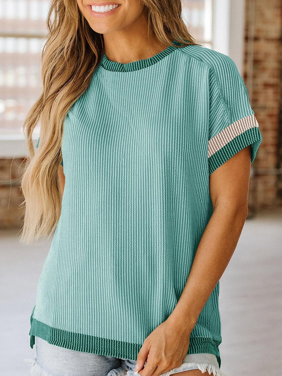 Womens Color Block Oversized Tops Trendy Casual Summer Textured Ribbed Knit T Shirts Loose Fit Short Sleeve Tshirts - Image 7